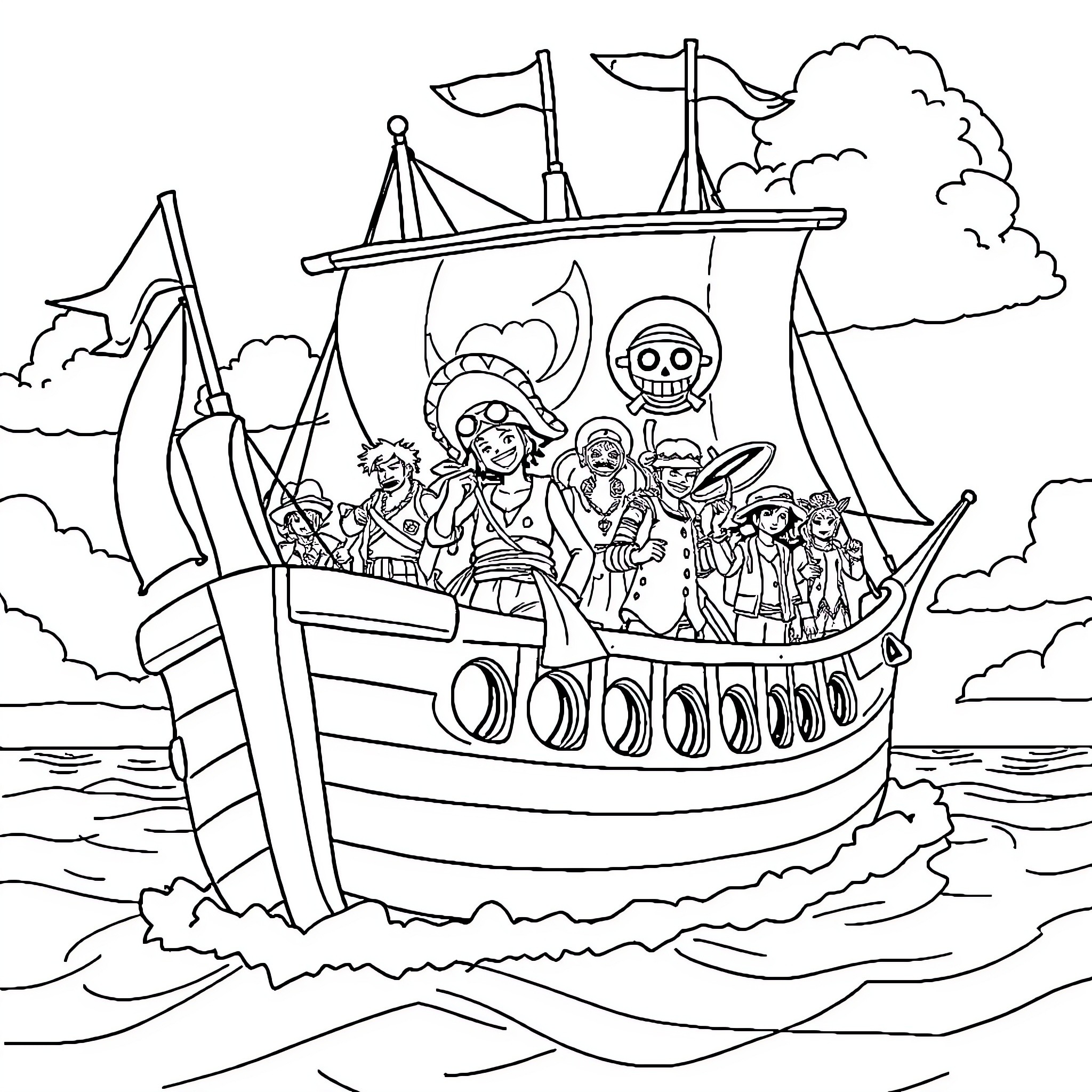 Straw Hat Pirates Sailing on the High Seas Coloring Page (free black-and-white line drawing printable PDF for all, from beginners to advanced learners, including children, teens, adults, and seniors)