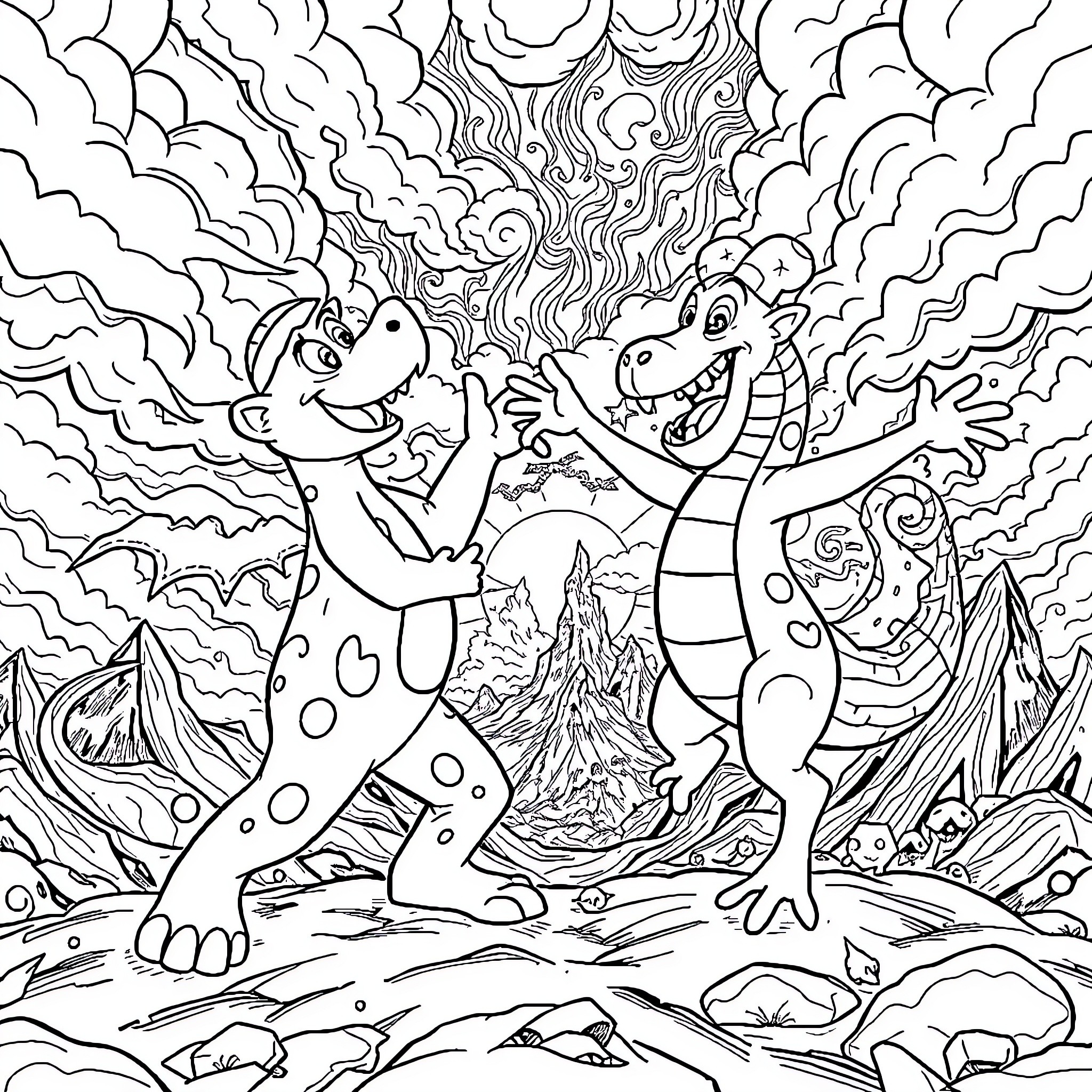 Cocodrilo playing joyfully with friends in the wild Coloring Page (free black-and-white line drawing printable PDF for all, from beginners to advanced learners, including children, teens, adults, and seniors)