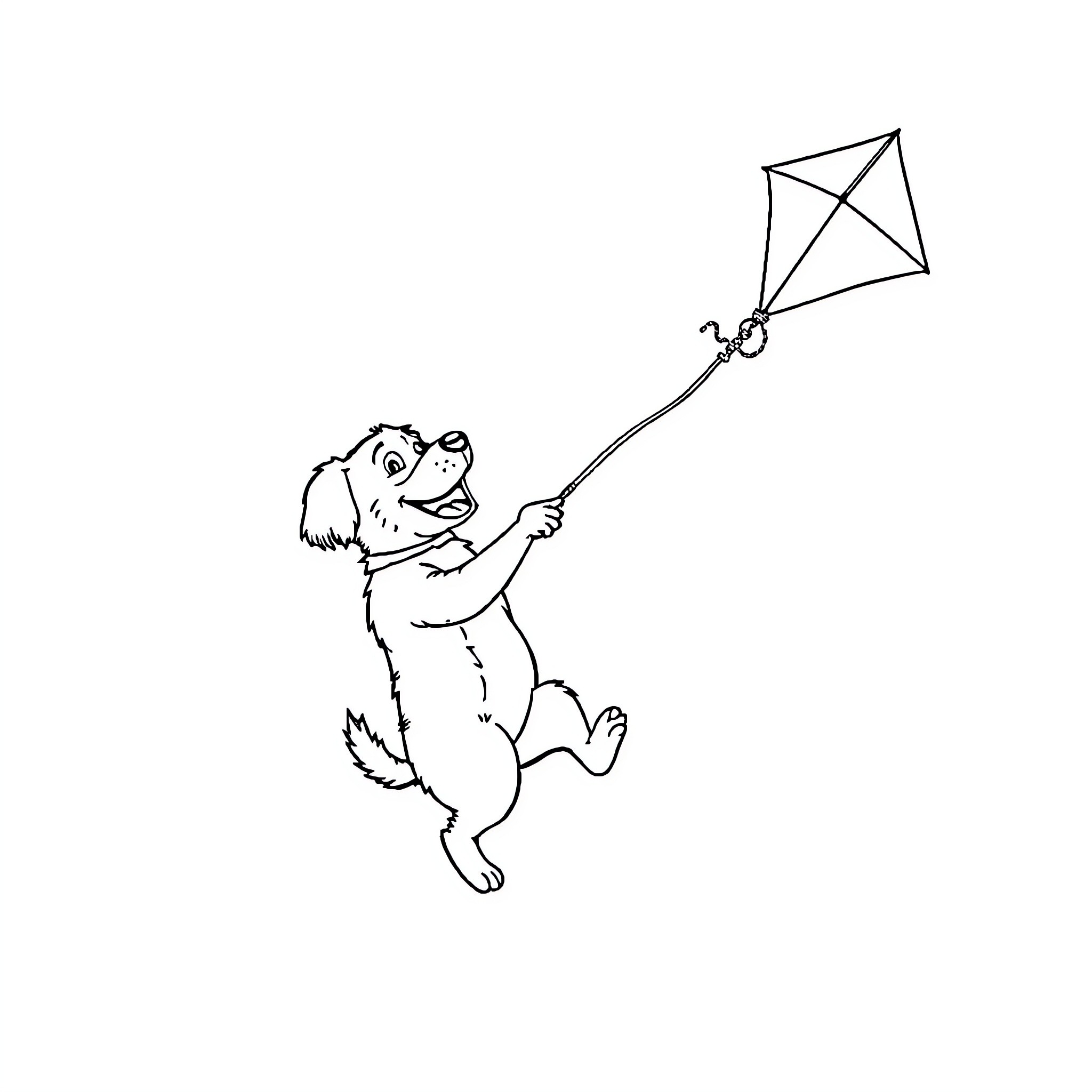 Dogman joyfully flying a kite Coloring Page (free black-and-white line drawing printable PDF for all, from beginners to advanced learners, including children, teens, adults, and seniors)