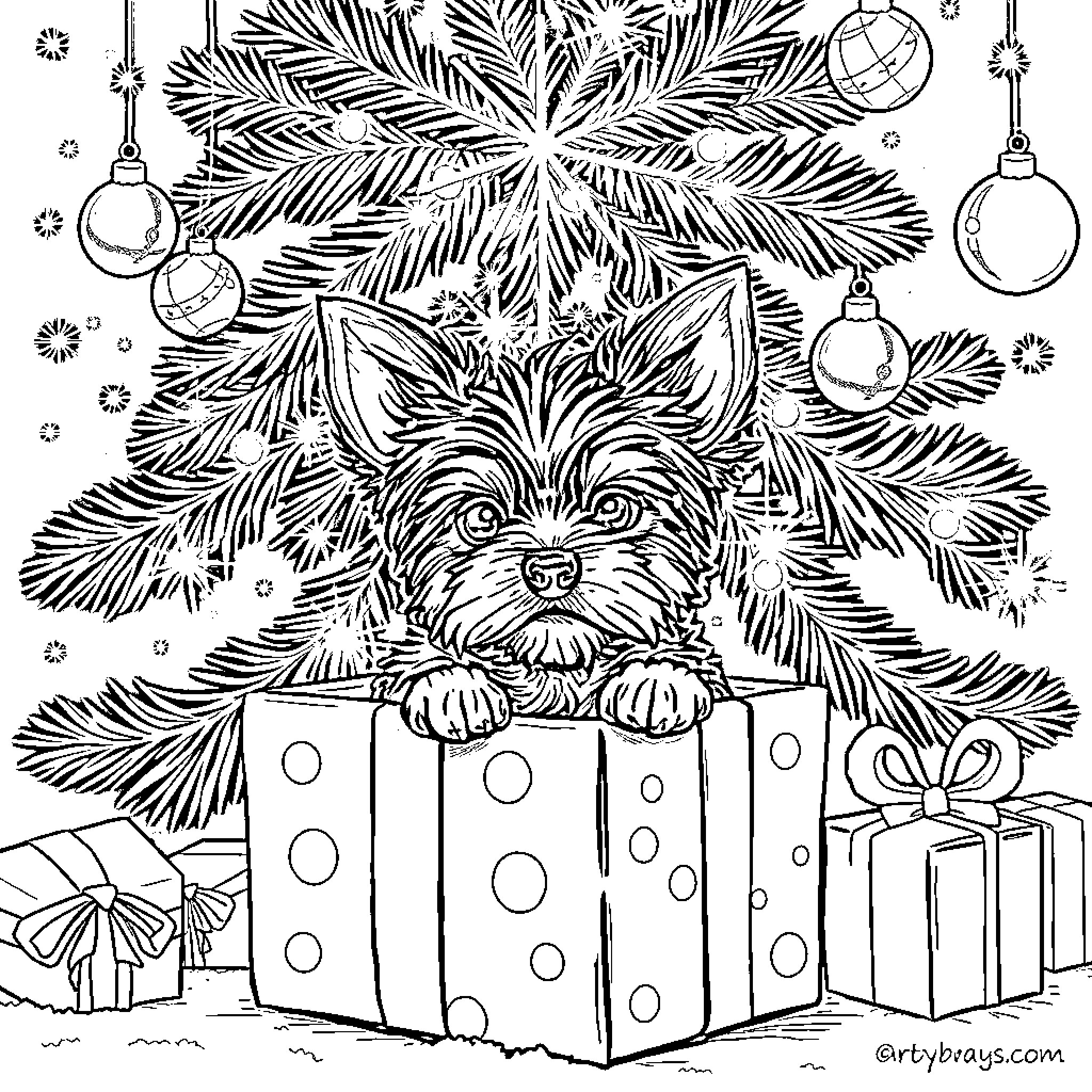Puppy peeking out from a gift box under the Christmas tree Coloring Page (free black-and-white line drawing printable PDF for all, from beginners to advanced learners, including children, teens, adults, and seniors)