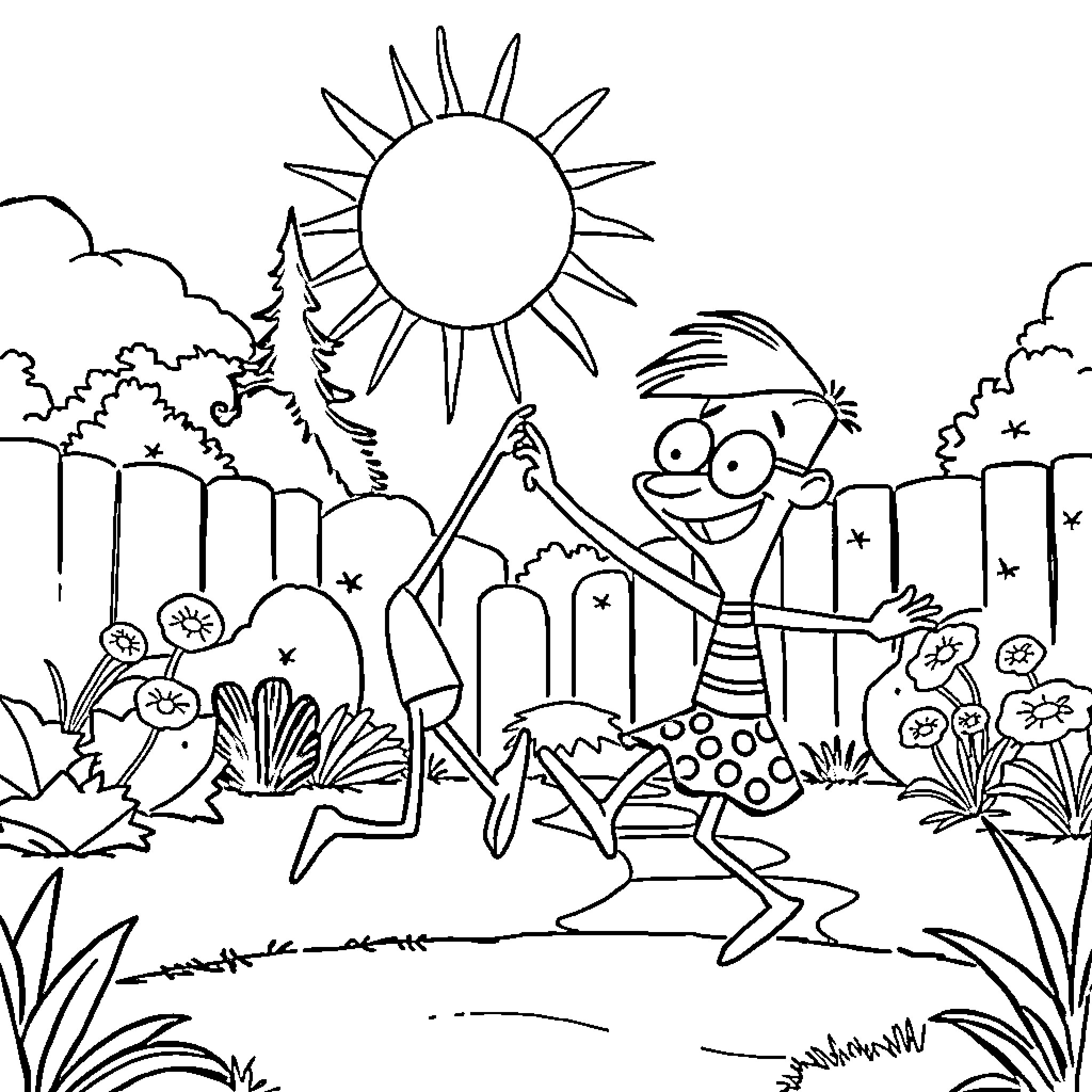 Phineas and Ferb enjoying a sunny day outdoors Coloring Page (free black-and-white line drawing printable PDF for all, from beginners to advanced learners, including children, teens, adults, and seniors)