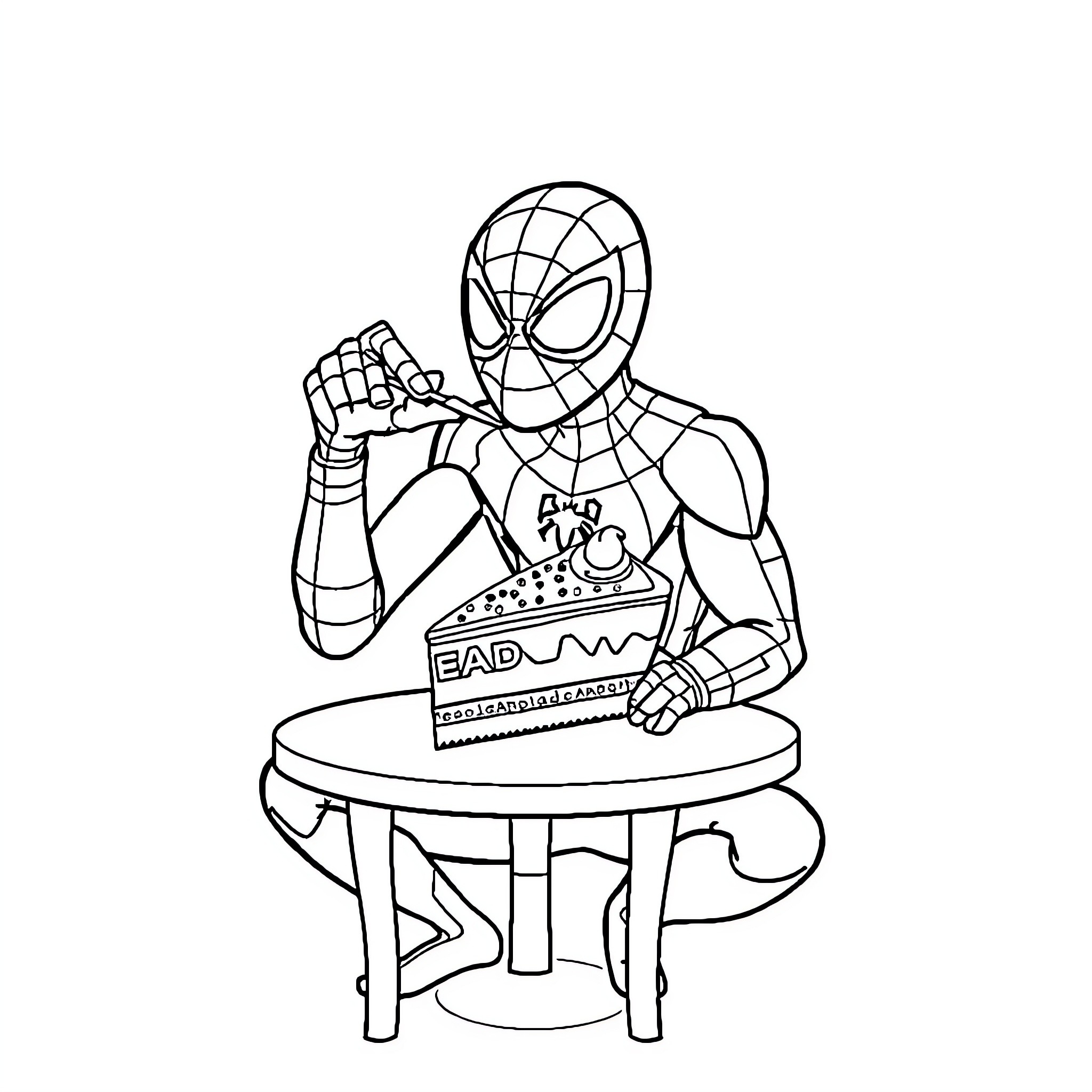 Spiderman working at a desk with a badge Coloring Page (free black-and-white line drawing printable PDF for all, from beginners to advanced learners, including children, teens, adults, and seniors)