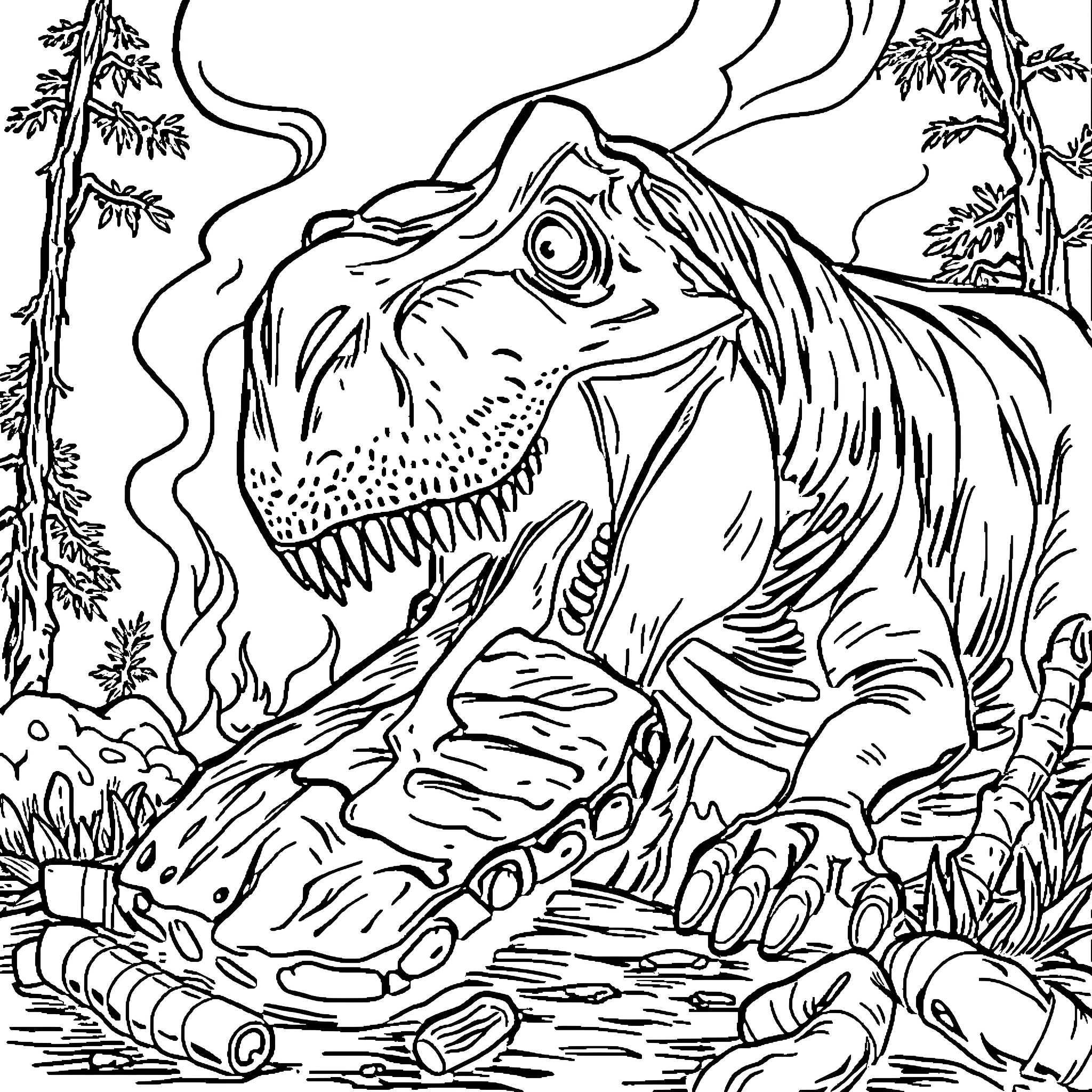 Dinosaur roaring fiercely in the prehistoric forest Coloring Page (free black-and-white line drawing printable PDF for all, from beginners to advanced learners, including children, teens, adults, and seniors)
