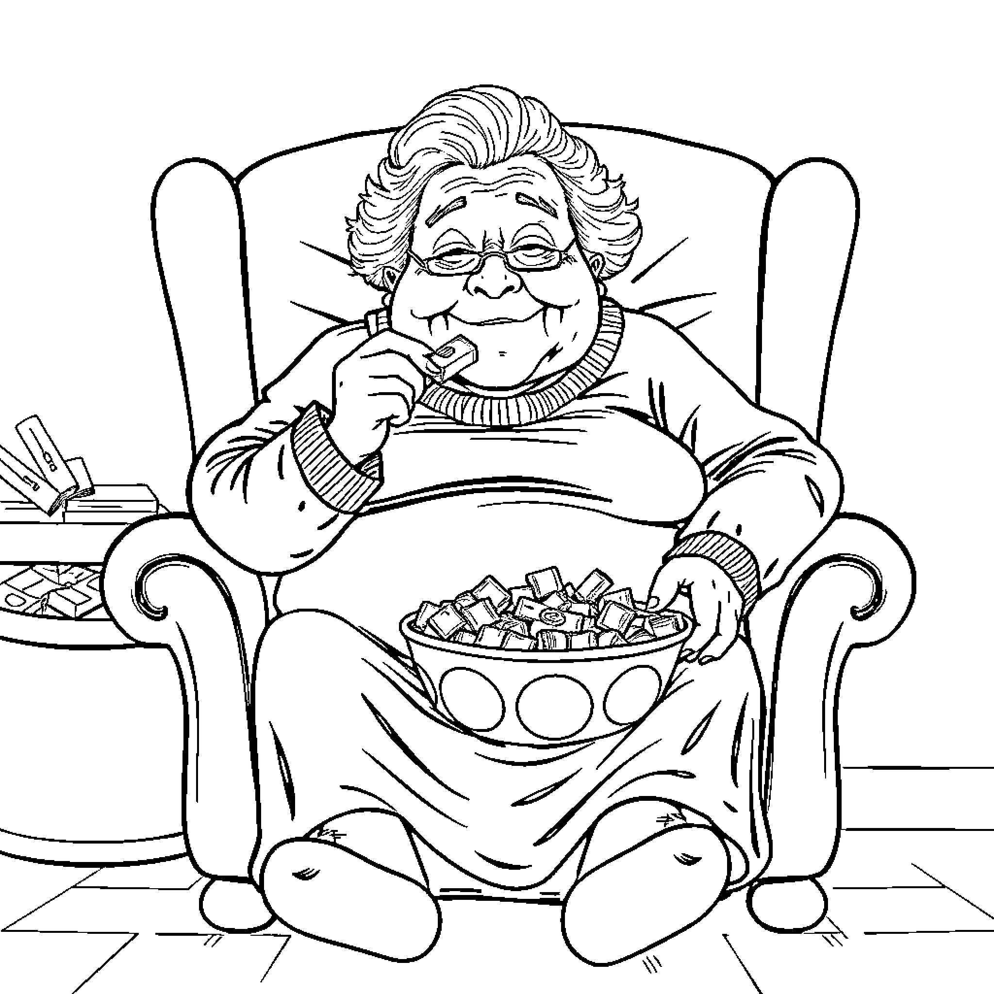 Lady Enjoying Her Favorite Snack in Cozy Armchair Coloring Page (free black-and-white line drawing printable PDF for all, from beginners to advanced learners, including children, teens, adults, and seniors)
