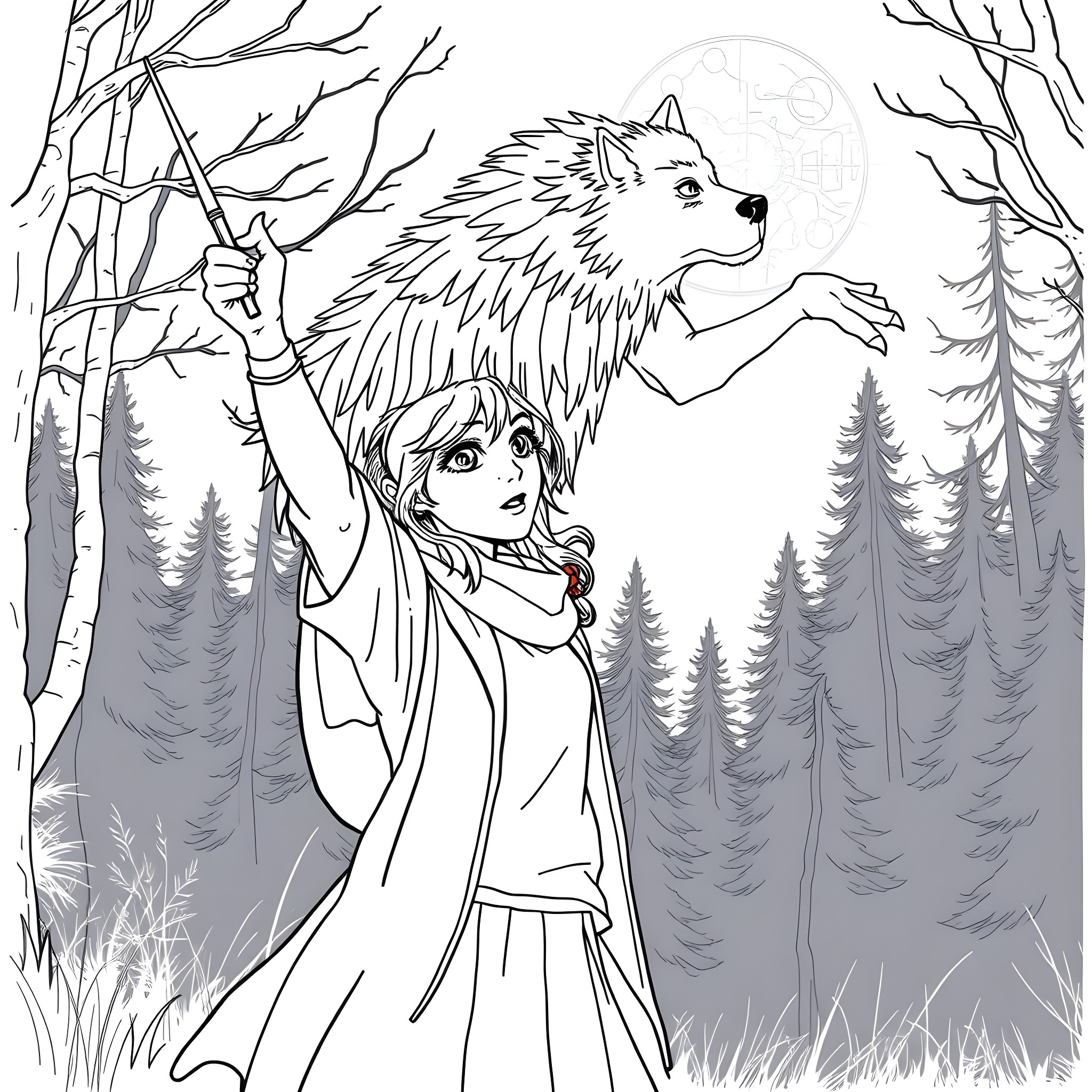 Teen Girl Exploring the Enchanted Forest with a Majestic Wolf Coloring Page (free black-and-white line drawing printable PDF for all, from beginners to advanced learners, including children, teens, adults, and seniors)