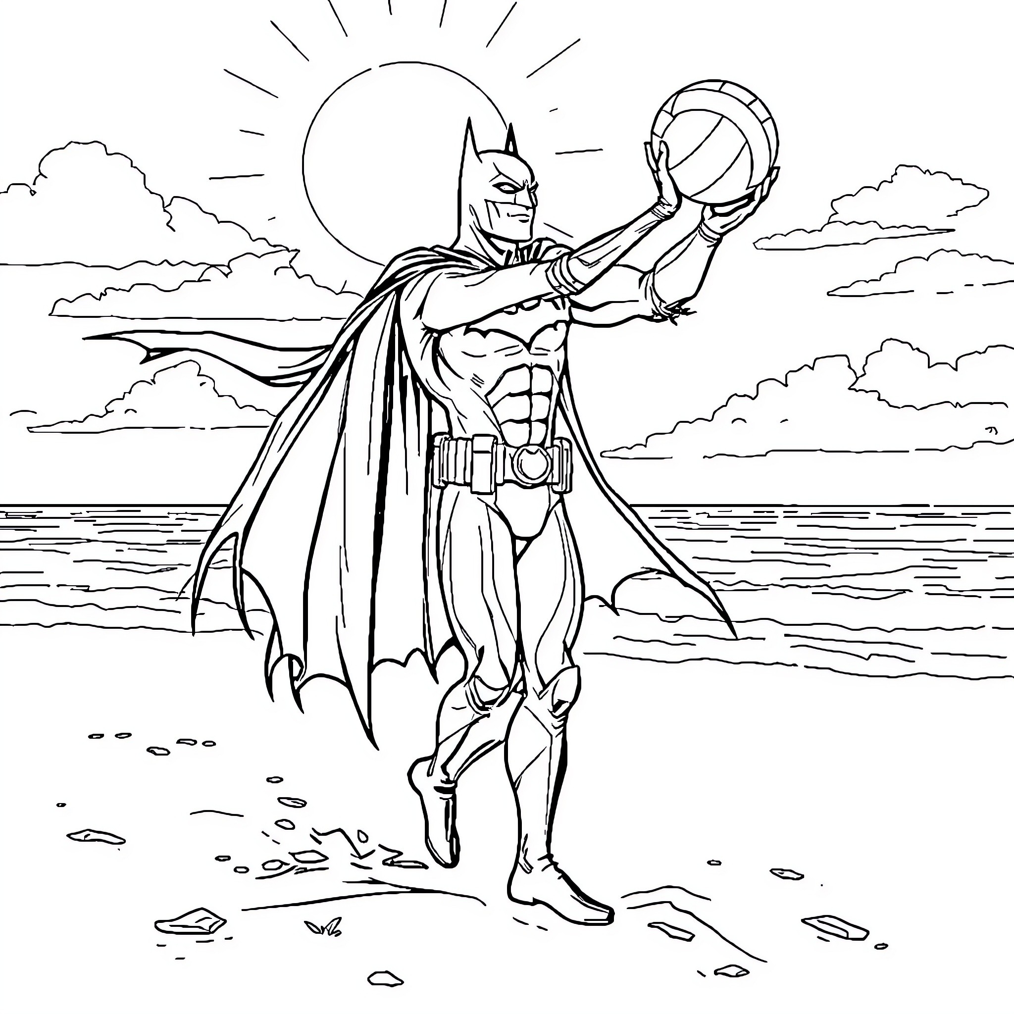Batman standing heroically on the beach Coloring Page (free black-and-white line drawing printable PDF for all, from beginners to advanced learners, including children, teens, adults, and seniors)