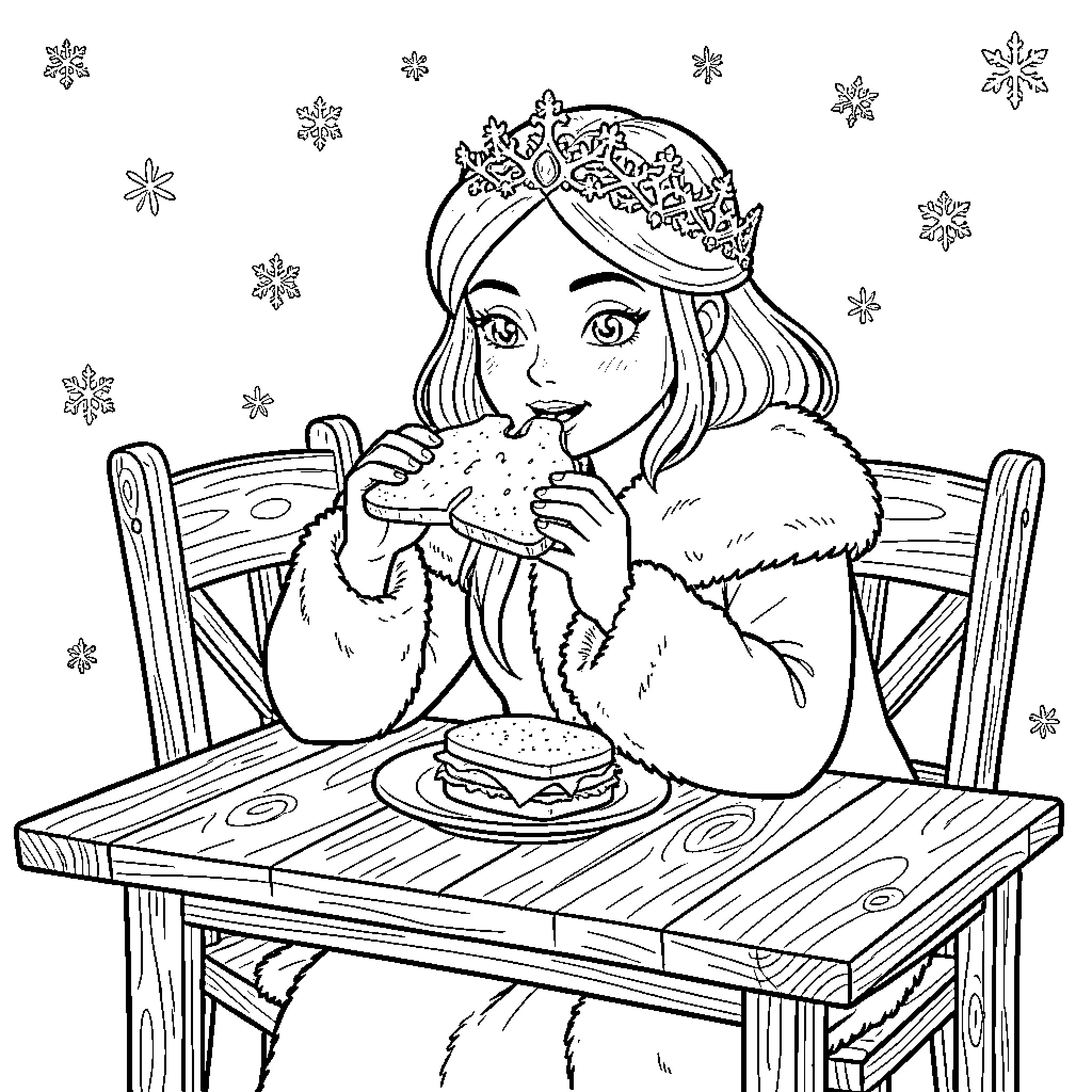 Snow Queen eating a sandwich at a wooden table Coloring Page (free black-and-white line drawing printable PDF for all, from beginners to advanced learners, including children, teens, adults, and seniors)