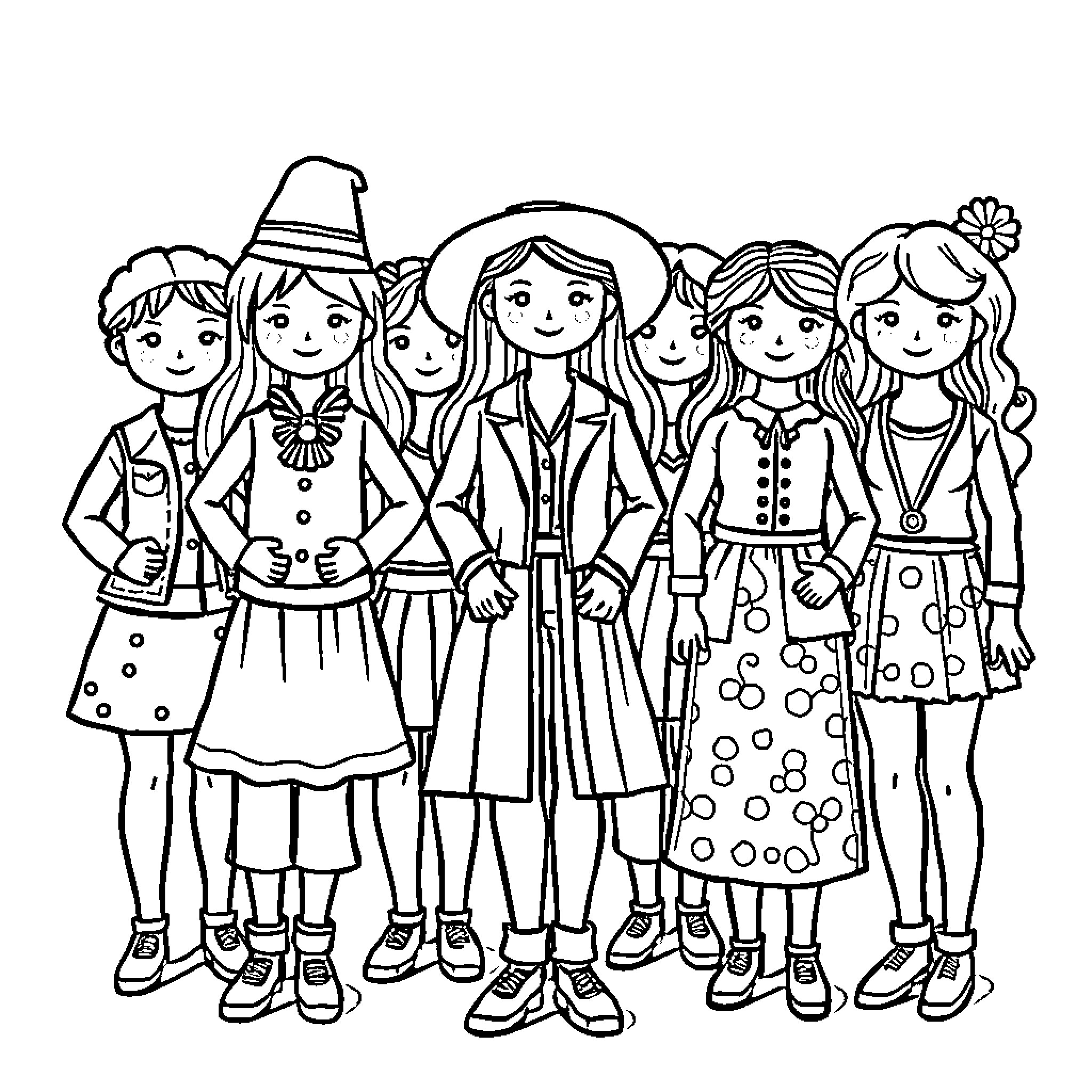 Paper Doll Friends in Whimsical Outfits Coloring Page (free black-and-white line drawing printable PDF for all, from beginners to advanced learners, including children, teens, adults, and seniors)