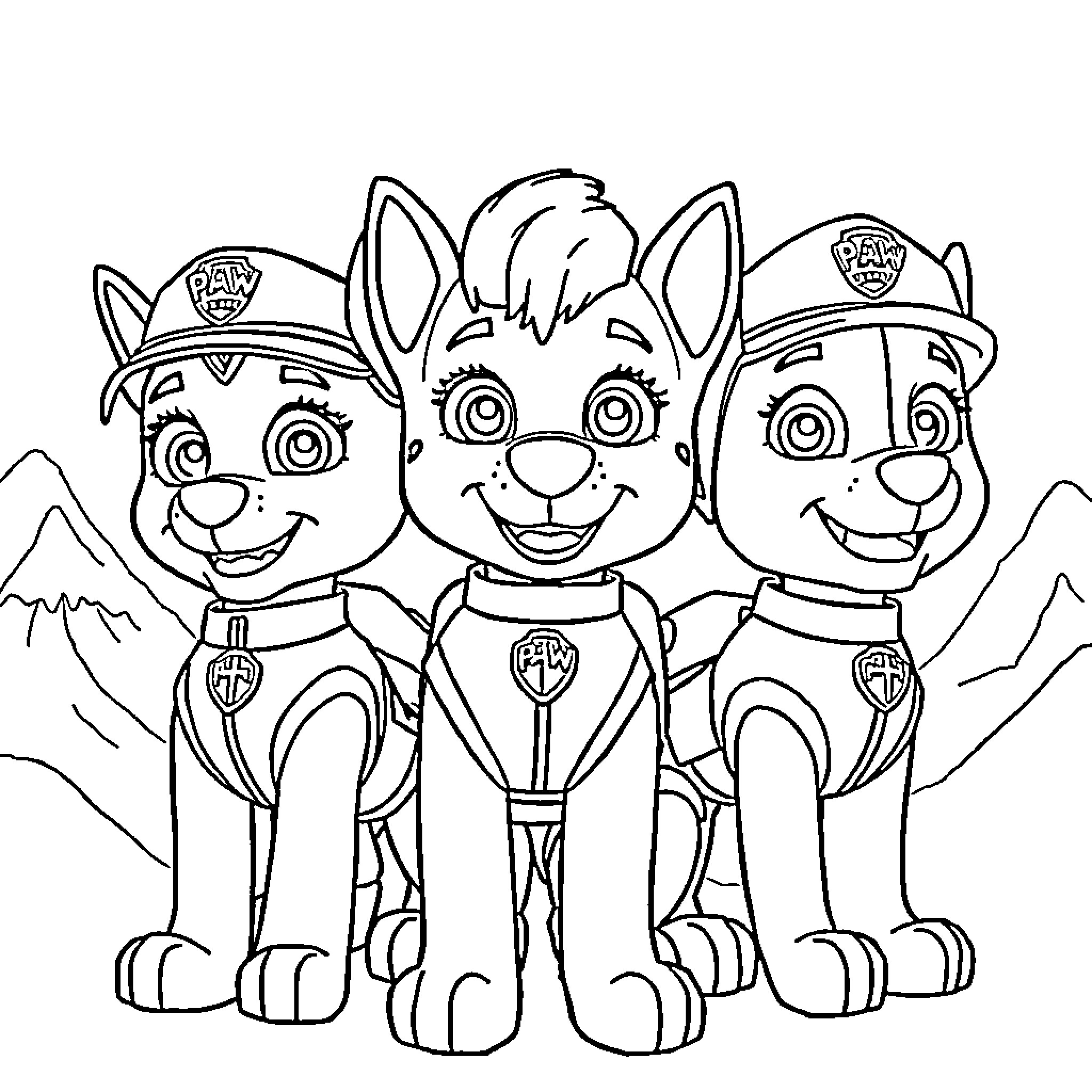 Paw Patrol pups ready for action Coloring Page (free black-and-white line drawing printable PDF for all, from beginners to advanced learners, including children, teens, adults, and seniors)