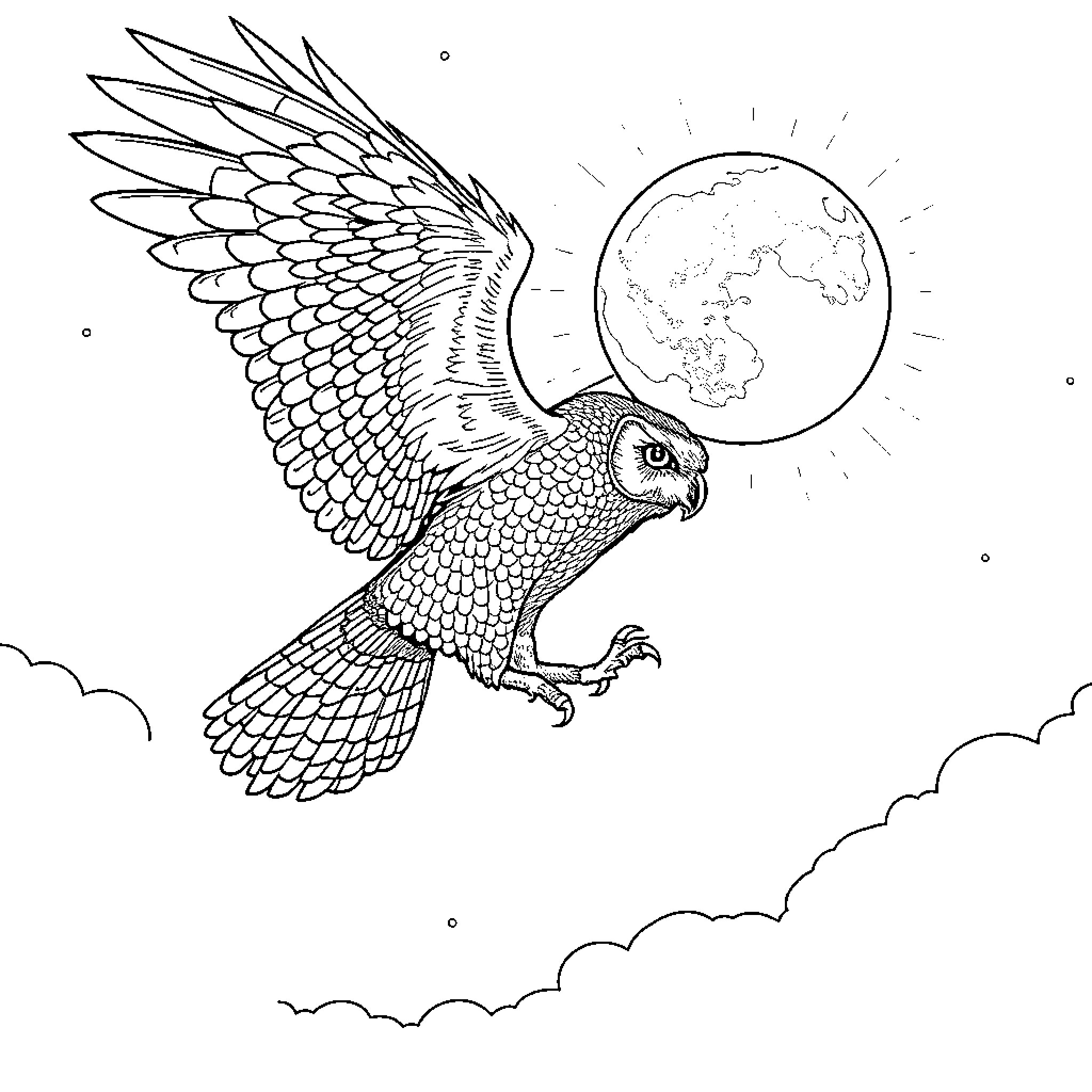 Owl soaring with celestial earth Coloring Page (free black-and-white line drawing printable PDF for all, from beginners to advanced learners, including children, teens, adults, and seniors)
