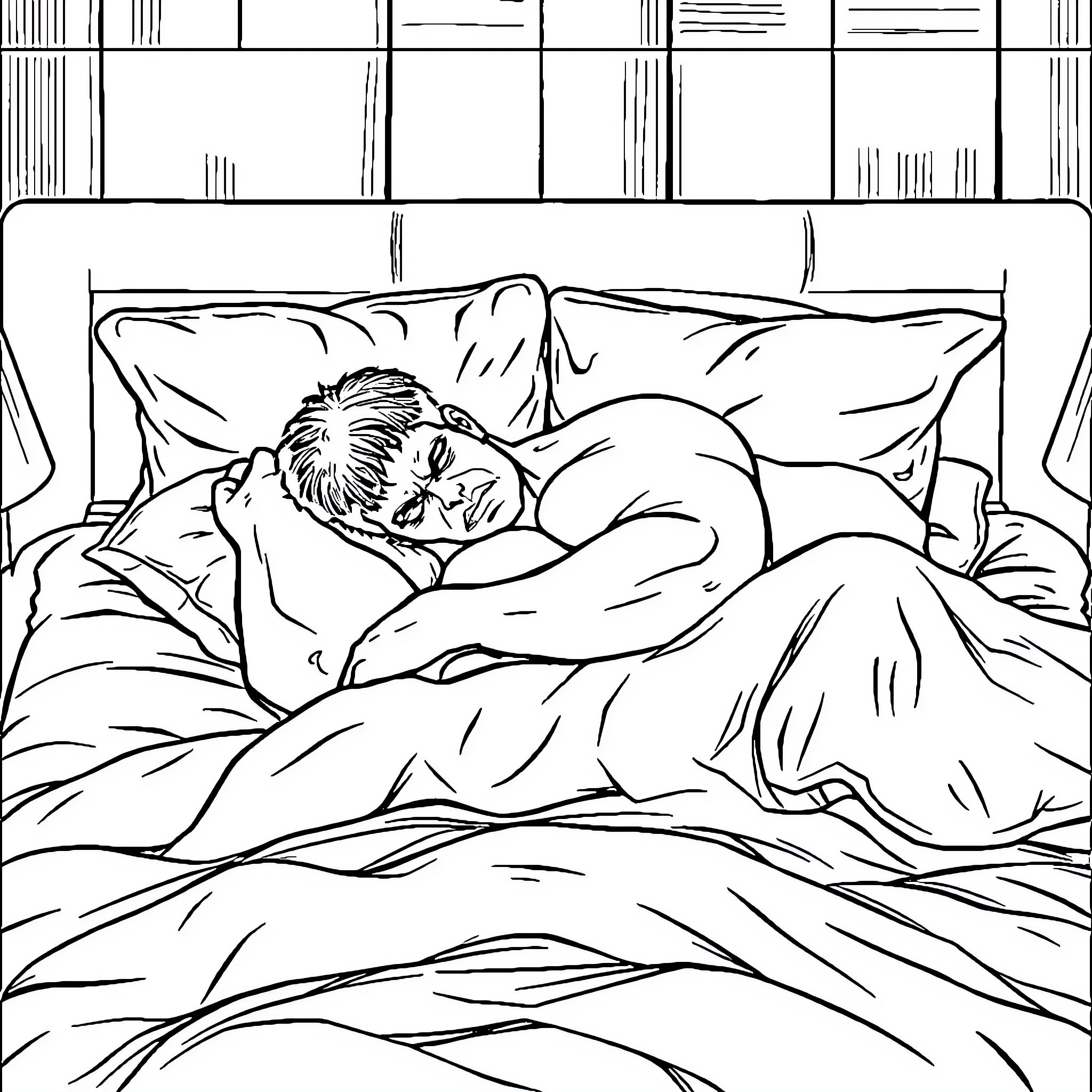 Hulk sleeping peacefully on the bed Coloring Page (free black-and-white line drawing printable PDF for all, from beginners to advanced learners, including children, teens, adults, and seniors)