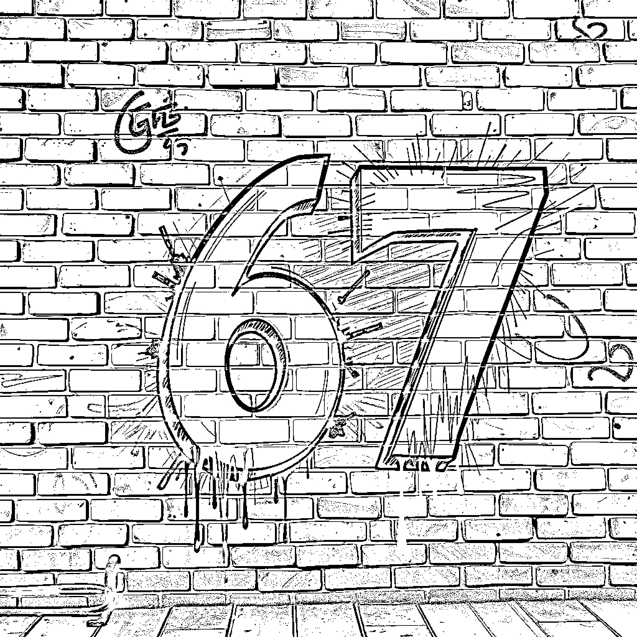 Number Graffiti Artwork on Brick Wall Coloring Page (free black-and-white line drawing printable PDF for all, from beginners to advanced learners, including children, teens, adults, and seniors)