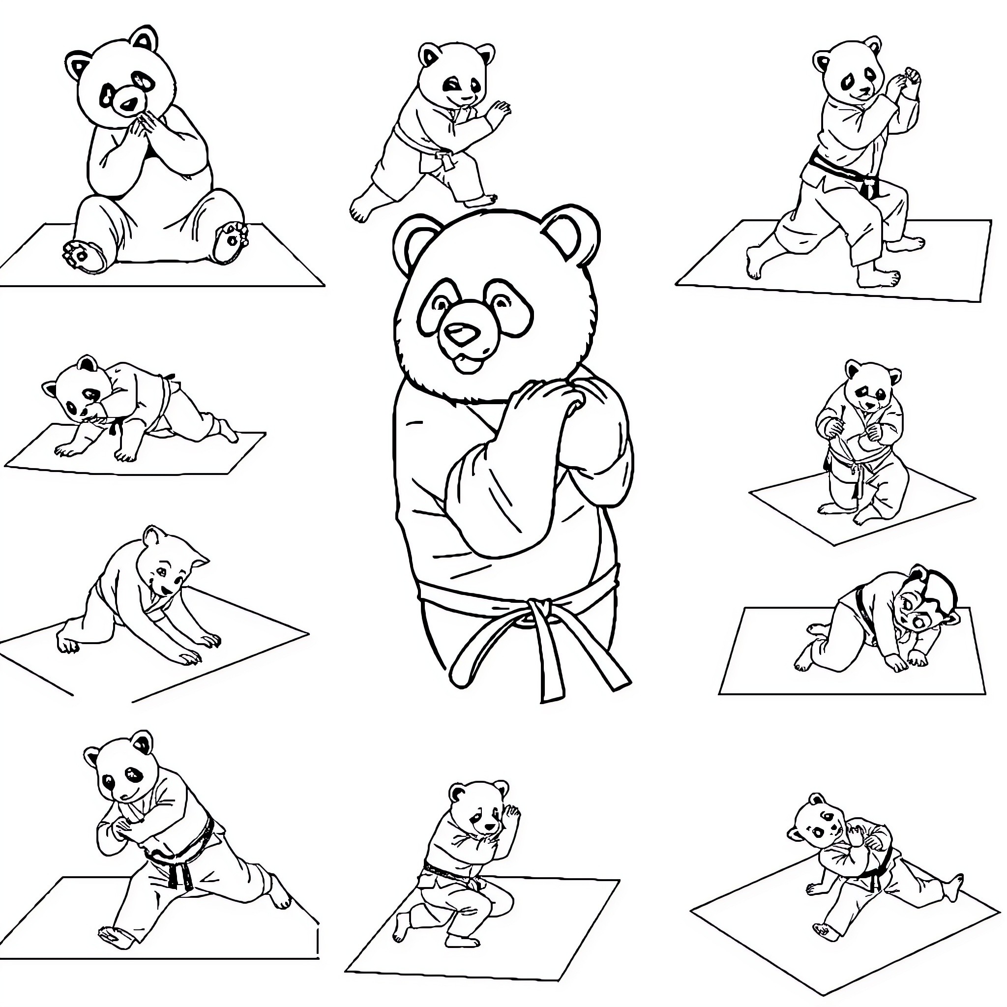 Animals practicing martial arts on mats Coloring Page (free black-and-white line drawing printable PDF for all, from beginners to advanced learners, including children, teens, adults, and seniors)