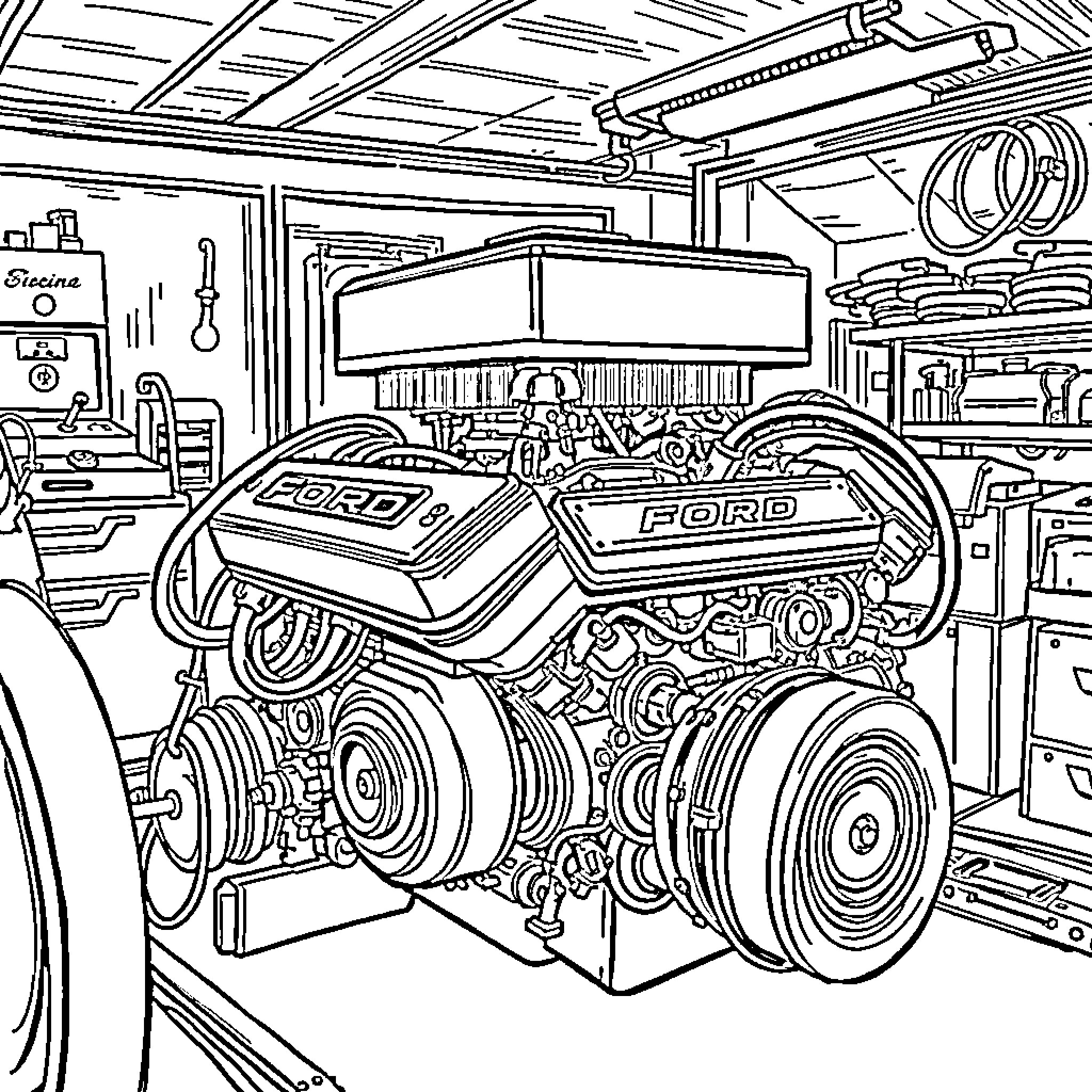 Ford Engine Repair Shop Interior with Tools Coloring Page (free black-and-white line drawing printable PDF for all, from beginners to advanced learners, including children, teens, adults, and seniors)