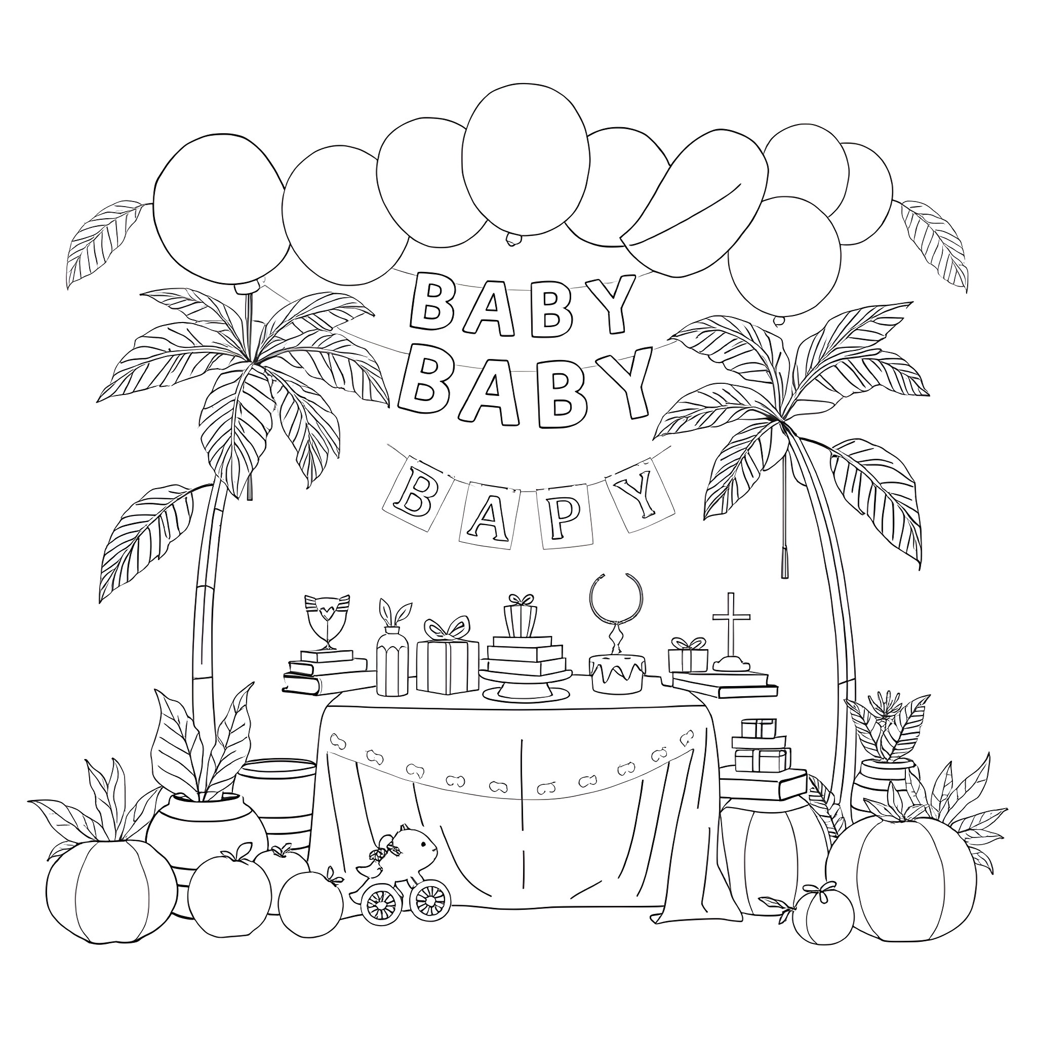 Palm Leaf Decorations for Baby Shower Celebration Coloring Page (free black-and-white line drawing printable PDF for all, from beginners to advanced learners, including children, teens, adults, and seniors)