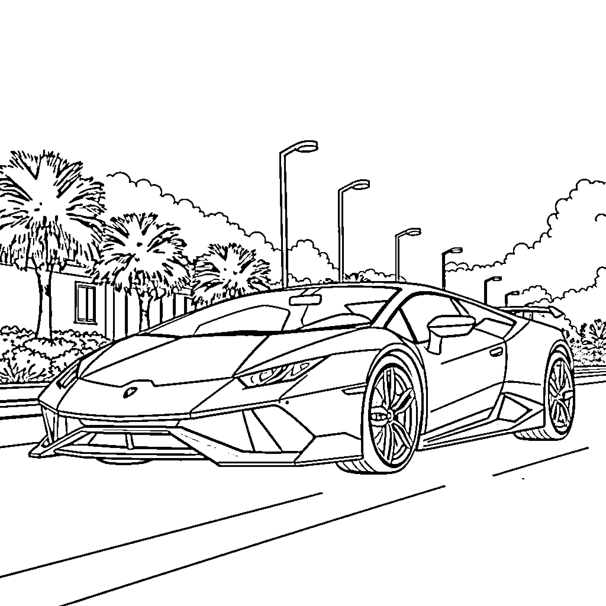 Lamborghini sports car on the road Coloring Page (free black-and-white line drawing printable PDF for all, from beginners to advanced learners, including children, teens, adults, and seniors)