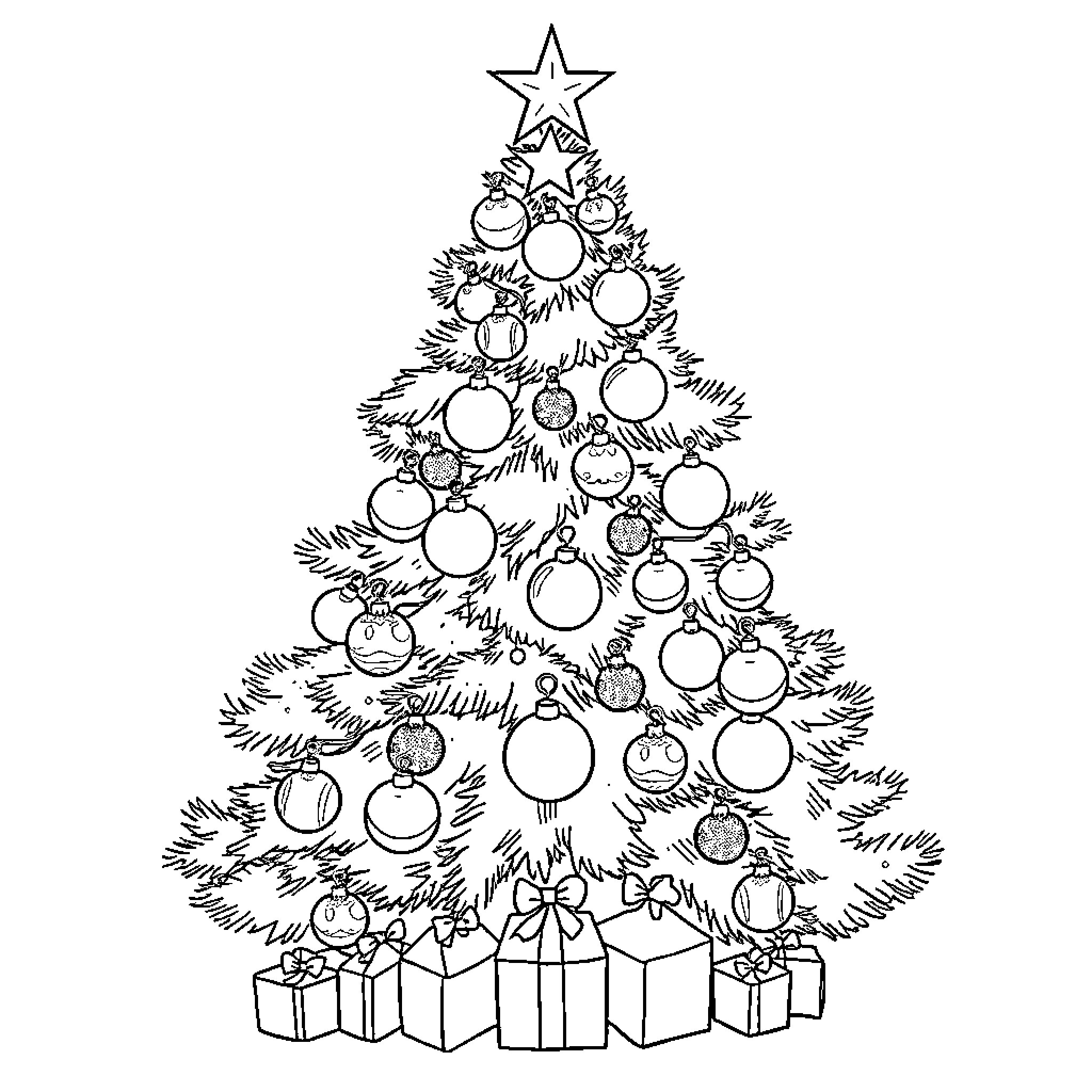 Christmas Tree Decorated with Ornaments and Gifts Coloring Page (free black-and-white line drawing printable PDF for all, from beginners to advanced learners, including children, teens, adults, and seniors)