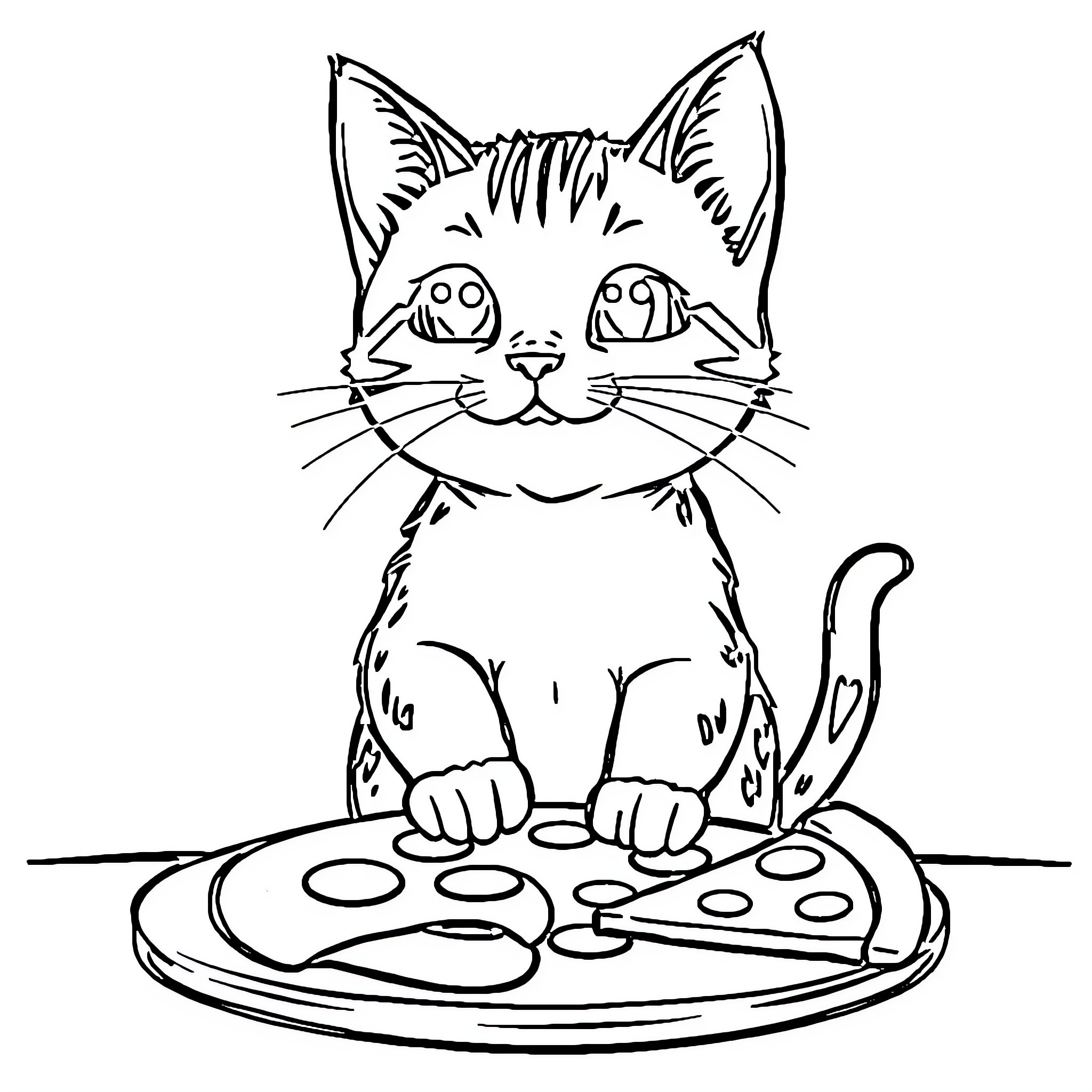 Cat enjoying a delicious pizza Coloring Page (free black-and-white line drawing printable PDF for all, from beginners to advanced learners, including children, teens, adults, and seniors)