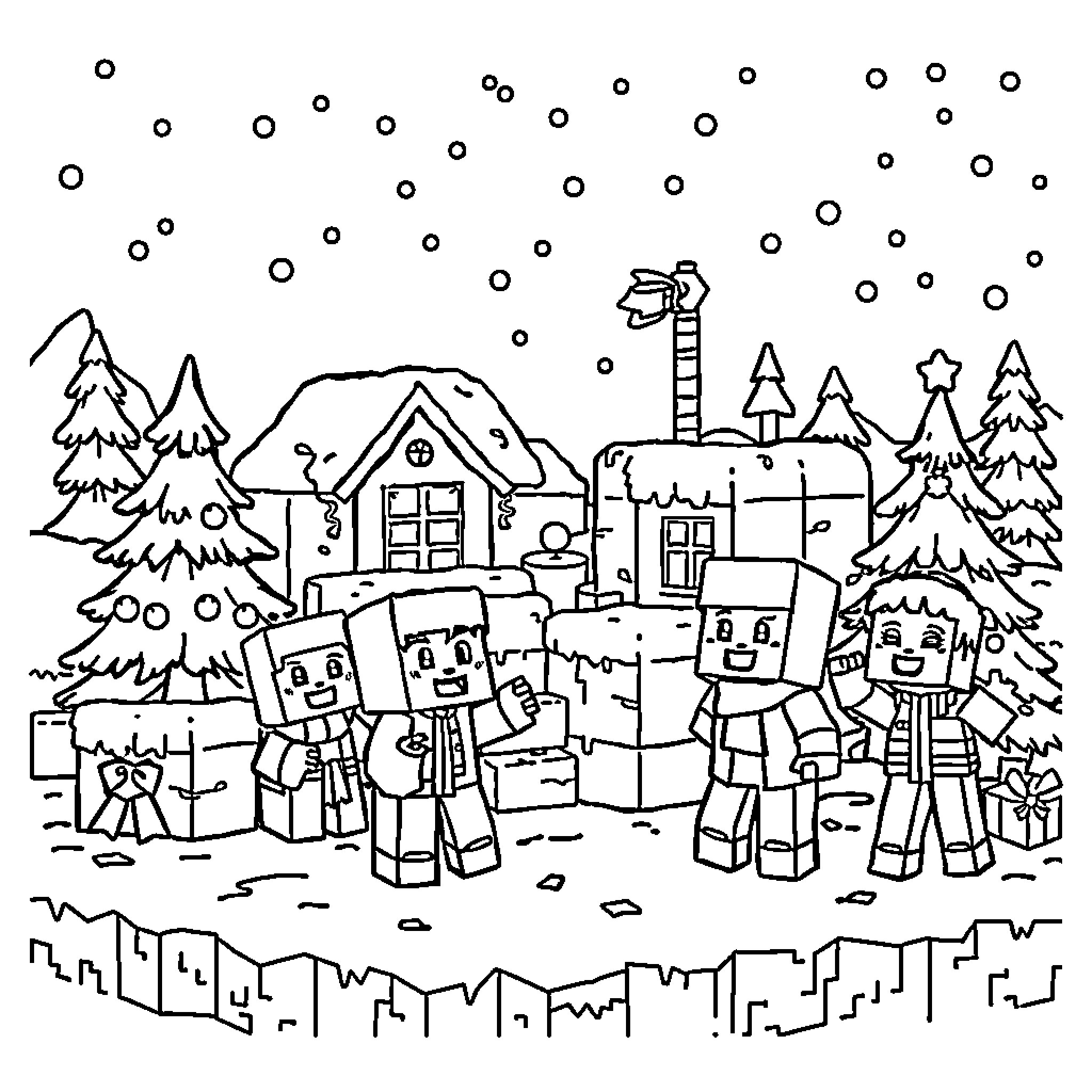 Minecraft characters exploring a winter wonderland Coloring Page (free black-and-white line drawing printable PDF for all, from beginners to advanced learners, including children, teens, adults, and seniors)