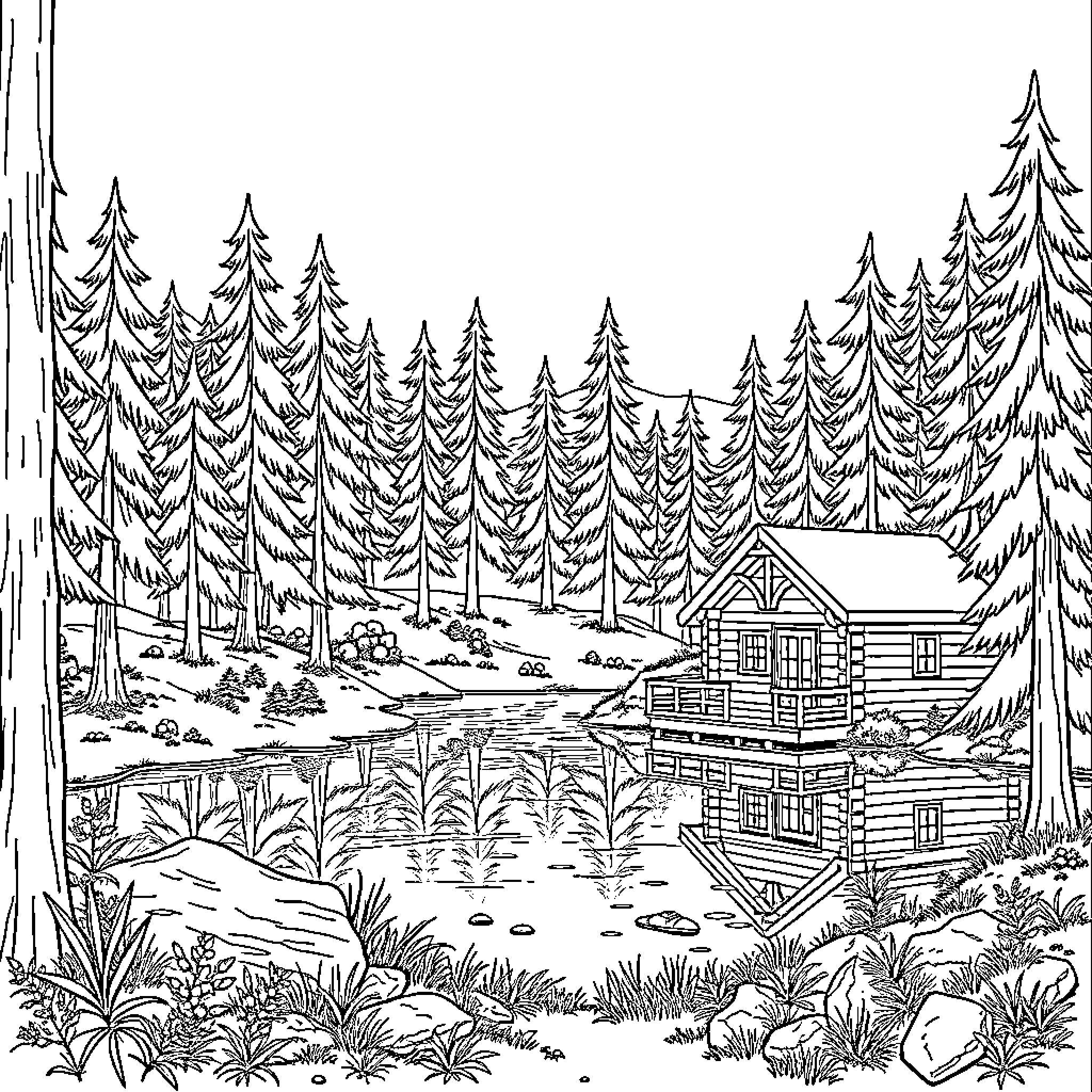 Log Cabin in Serene Forest Landscape Coloring Page (free black-and-white line drawing printable PDF for all, from beginners to advanced learners, including children, teens, adults, and seniors)