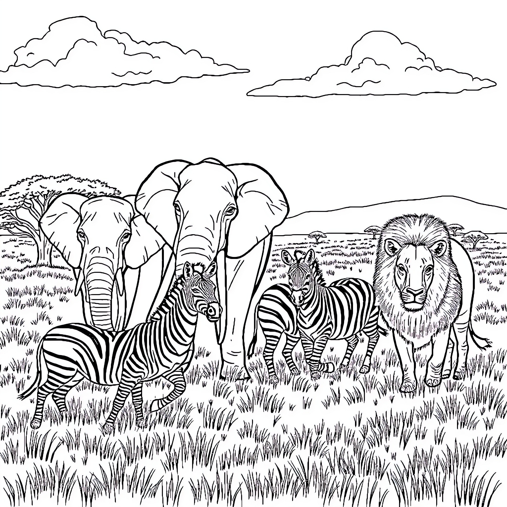 Safari Animal Adventure in the Grasslands Coloring Page (free black-and-white line drawing printable PDF for all, from beginners to advanced learners, including children, teens, adults, and seniors)
