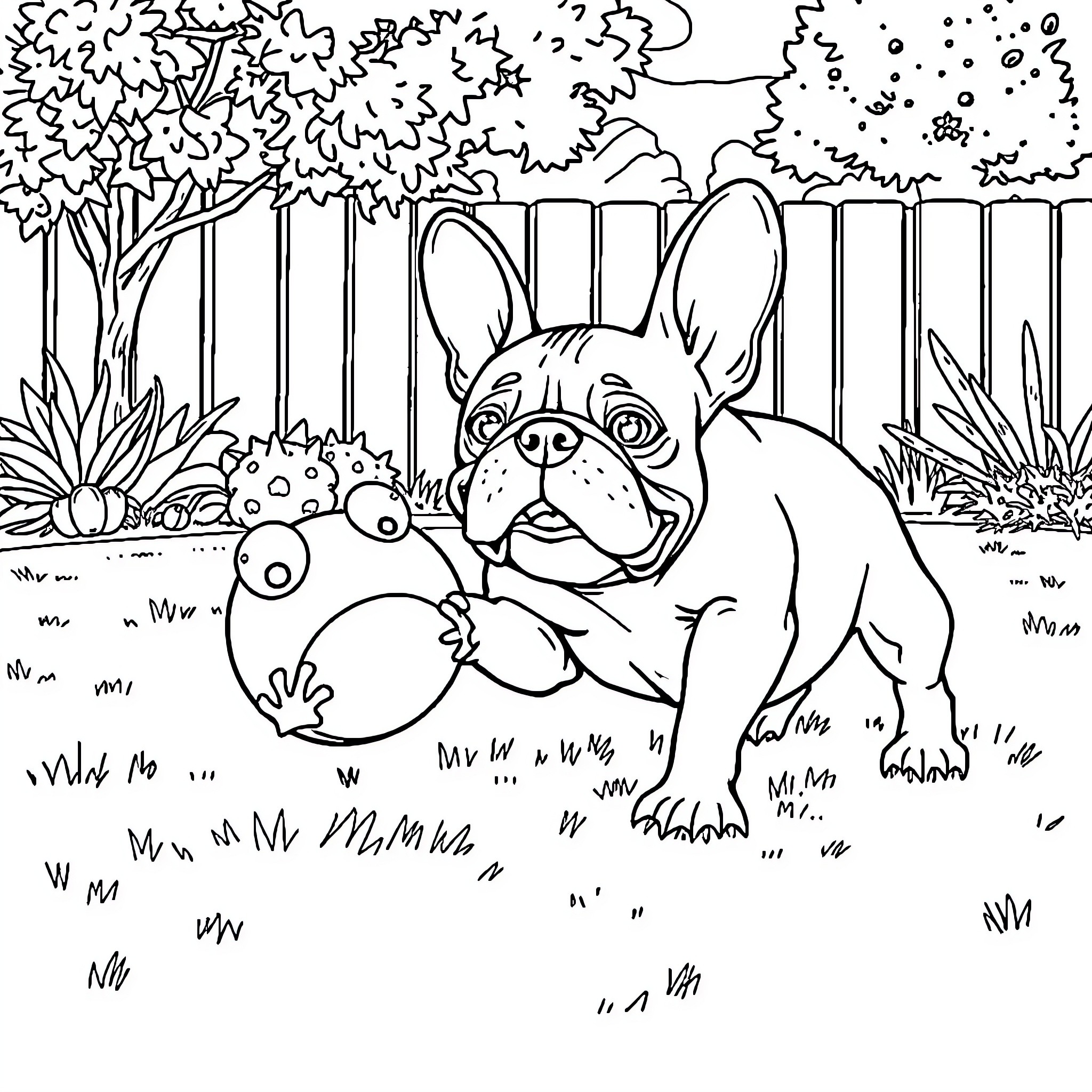 French Bulldog exploring nature with curiosity Coloring Page (free black-and-white line drawing printable PDF for all, from beginners to advanced learners, including children, teens, adults, and seniors)
