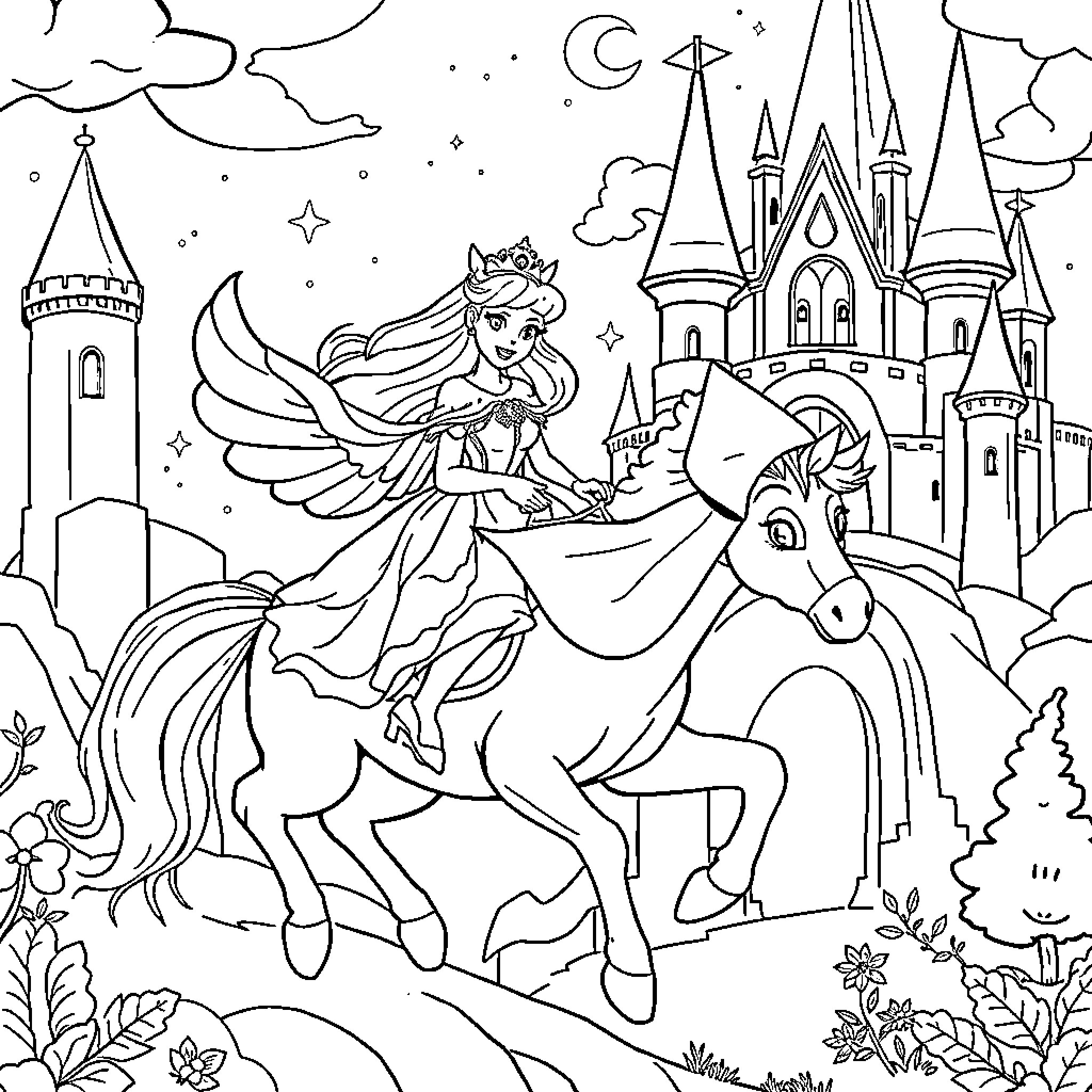 Princess riding majestic horse in enchanted castle scene Coloring Page (free black-and-white line drawing printable PDF for all, from beginners to advanced learners, including children, teens, adults, and seniors)
