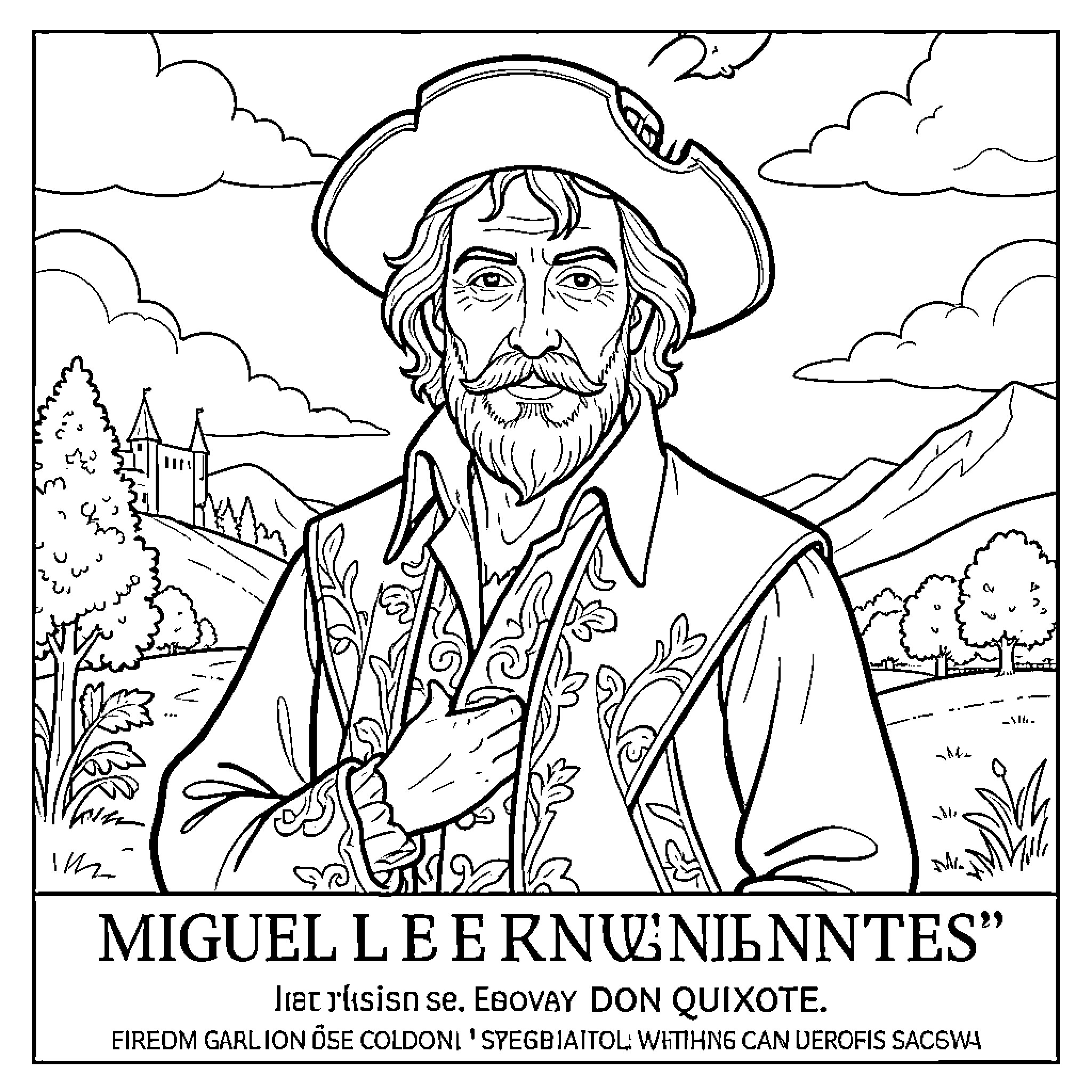 Miguel de Cervantes portrays Don Quixote in heroic posture Coloring Page (free black-and-white line drawing printable PDF for all, from beginners to advanced learners, including children, teens, adults, and seniors)