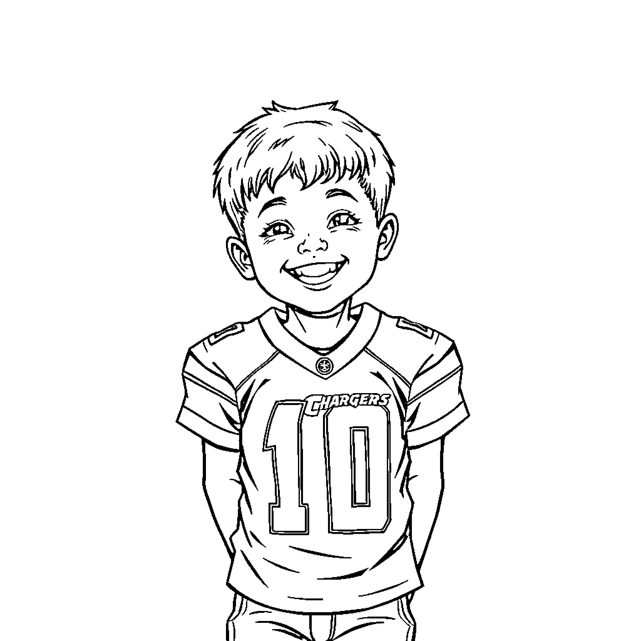Boy wearing jersey with number 10 and smiling Coloring Page (free black-and-white line drawing printable PDF for all, from beginners to advanced learners, including children, teens, adults, and seniors)