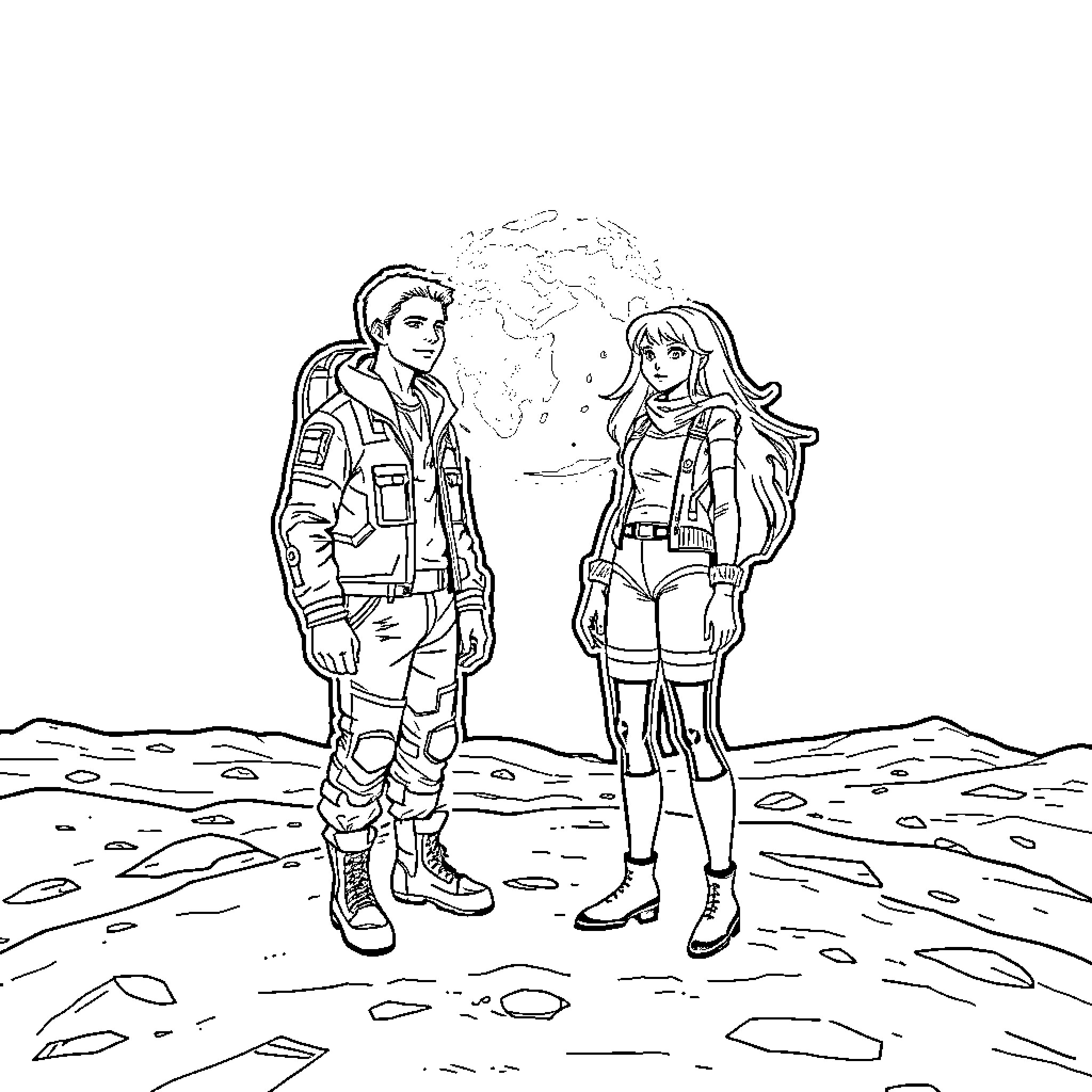 David and Kara's Space Adventure Coloring Page (free black-and-white line drawing printable PDF for all, from beginners to advanced learners, including children, teens, adults, and seniors)