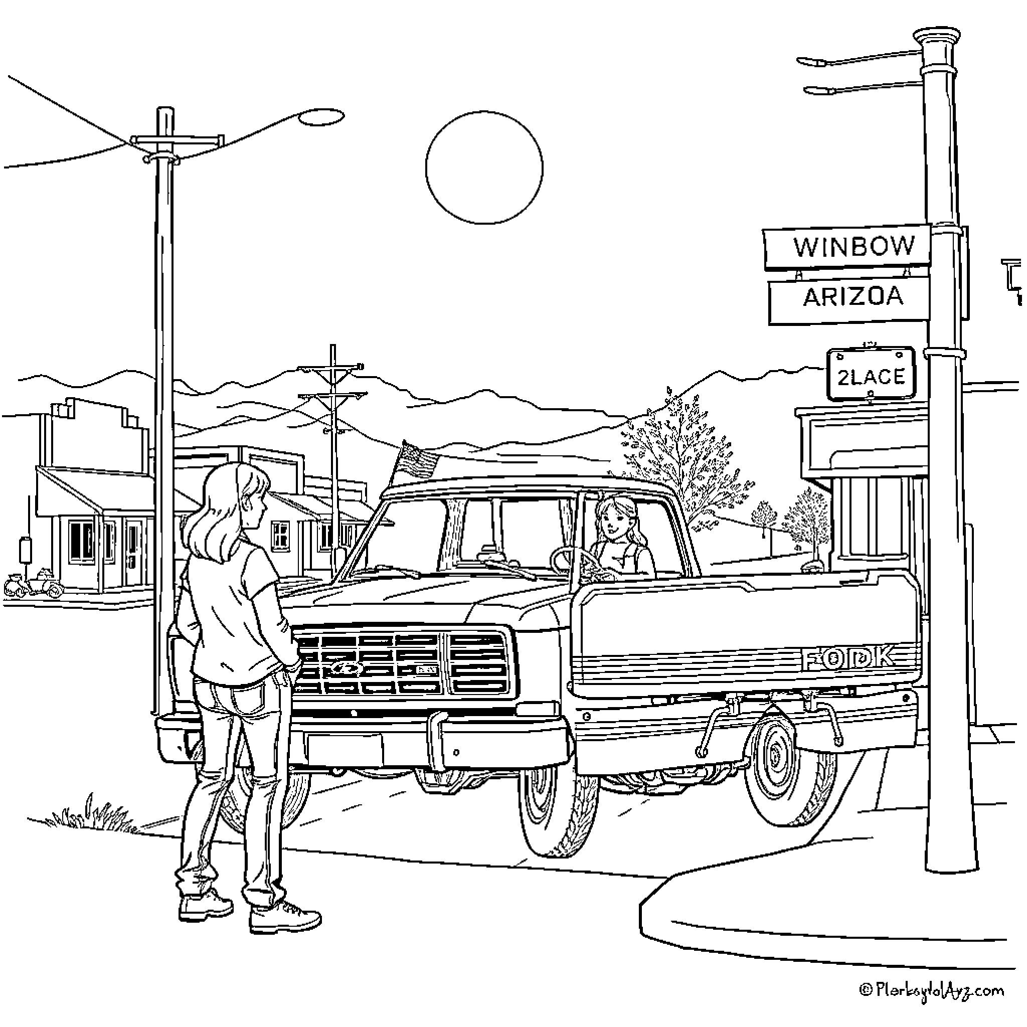 Girl observing a pickup truck in a small town scene Coloring Page (free black-and-white line drawing printable PDF for all, from beginners to advanced learners, including children, teens, adults, and seniors)