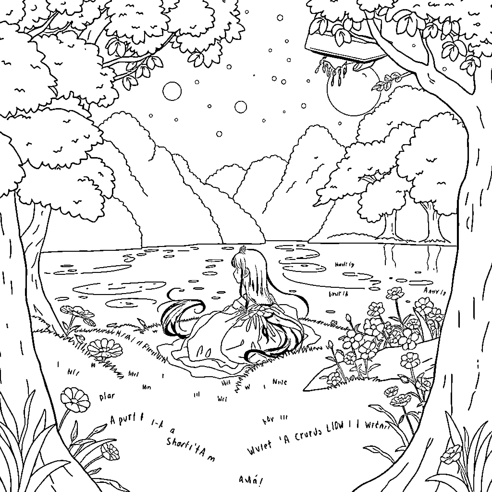 Princess Mononoke in a serene forest landscape Coloring Page (free black-and-white line drawing printable PDF for all, from beginners to advanced learners, including children, teens, adults, and seniors)