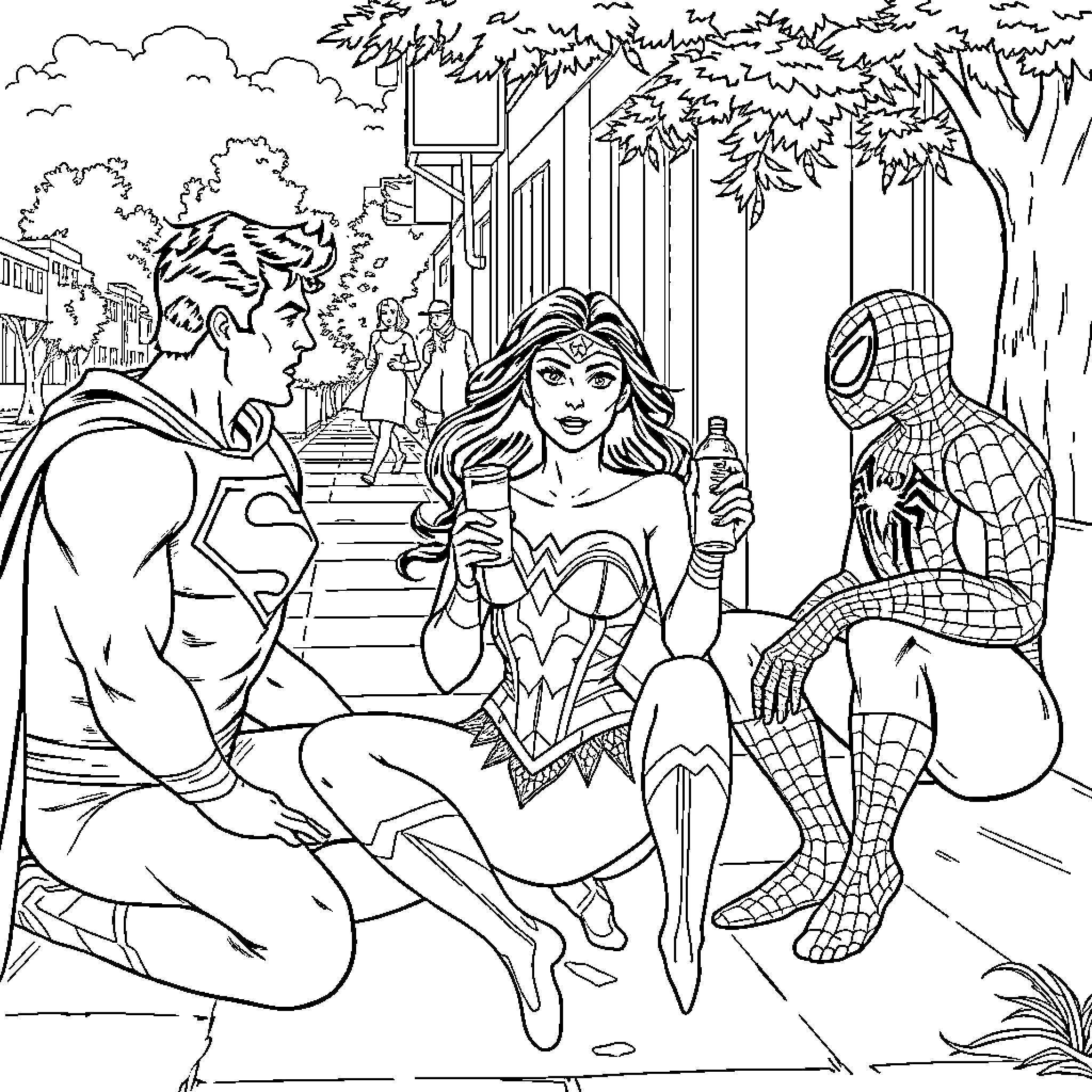 Wonder Woman, Superman, and Spider-Man in an urban scene Coloring Page (free black-and-white line drawing printable PDF for all, from beginners to advanced learners, including children, teens, adults, and seniors)