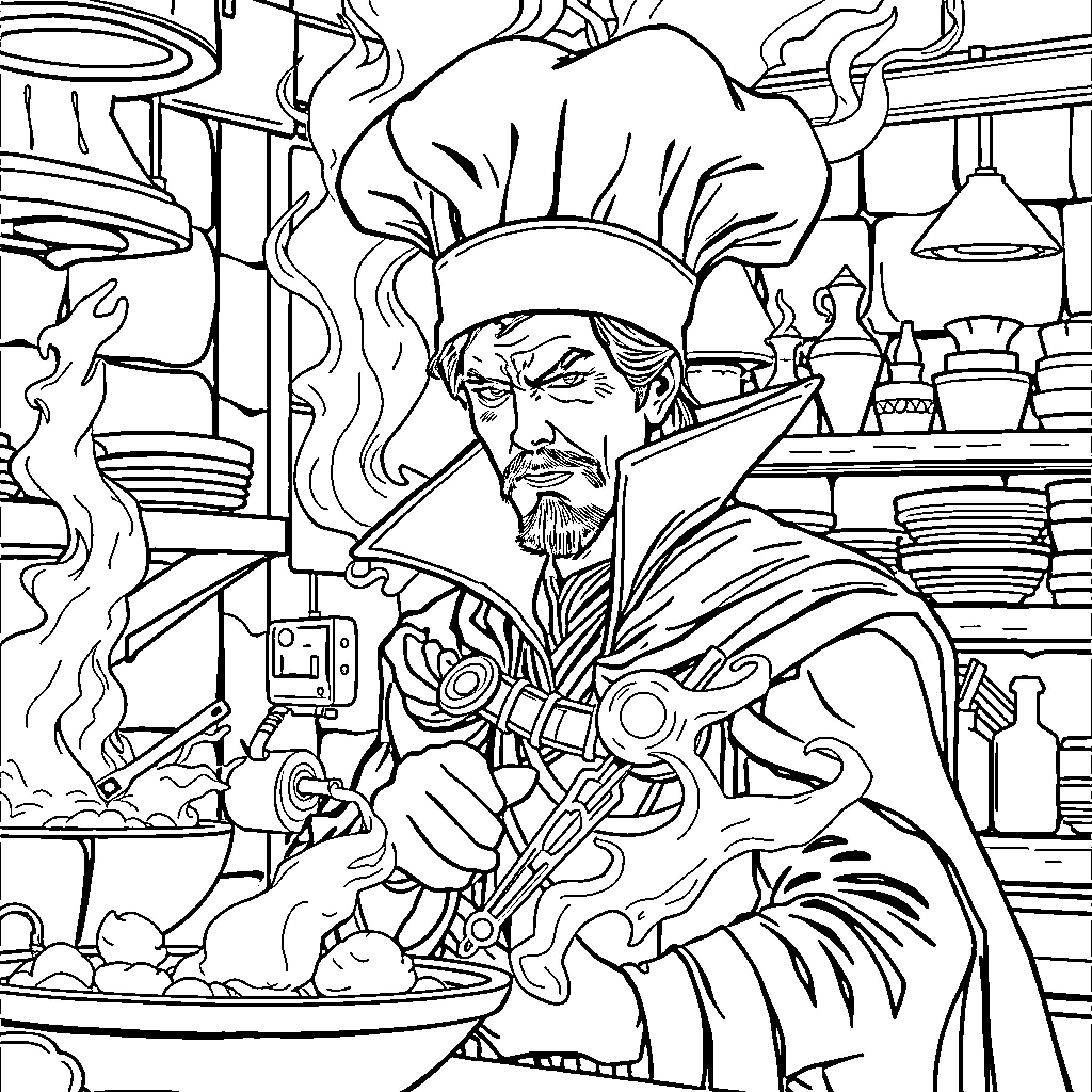 Doctor Strange in Magical Sorcery Workshop Coloring Page (free black-and-white line drawing printable PDF for all, from beginners to advanced learners, including children, teens, adults, and seniors)