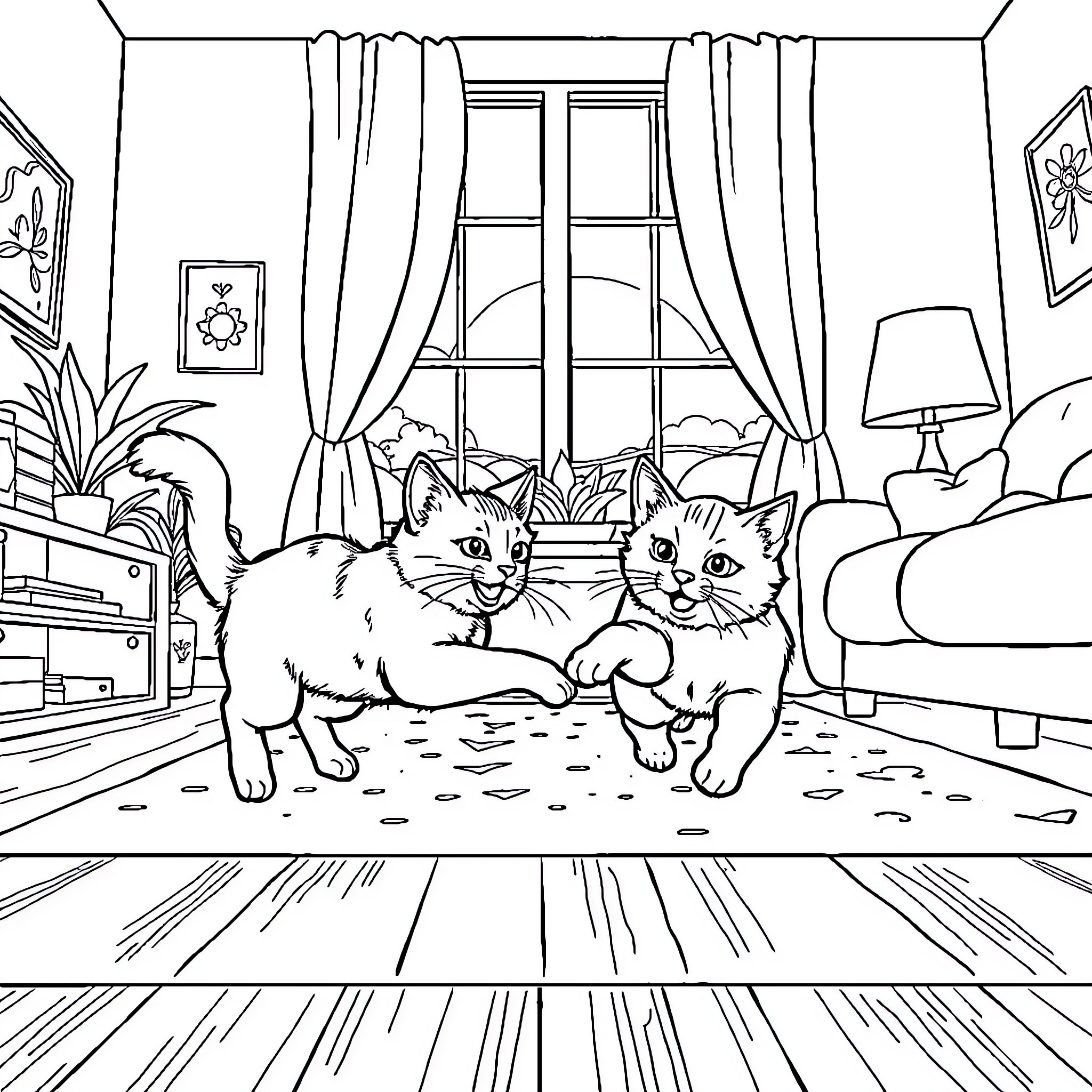 Cats playing on the living room floor Coloring Page (free black-and-white line drawing printable PDF for all, from beginners to advanced learners, including children, teens, adults, and seniors)