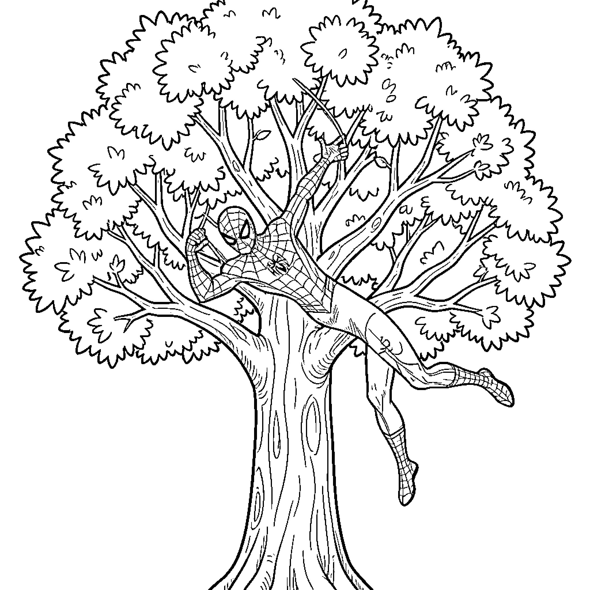 Spiderman swinging through the forest Coloring Page (free black-and-white line drawing printable PDF for all, from beginners to advanced learners, including children, teens, adults, and seniors)