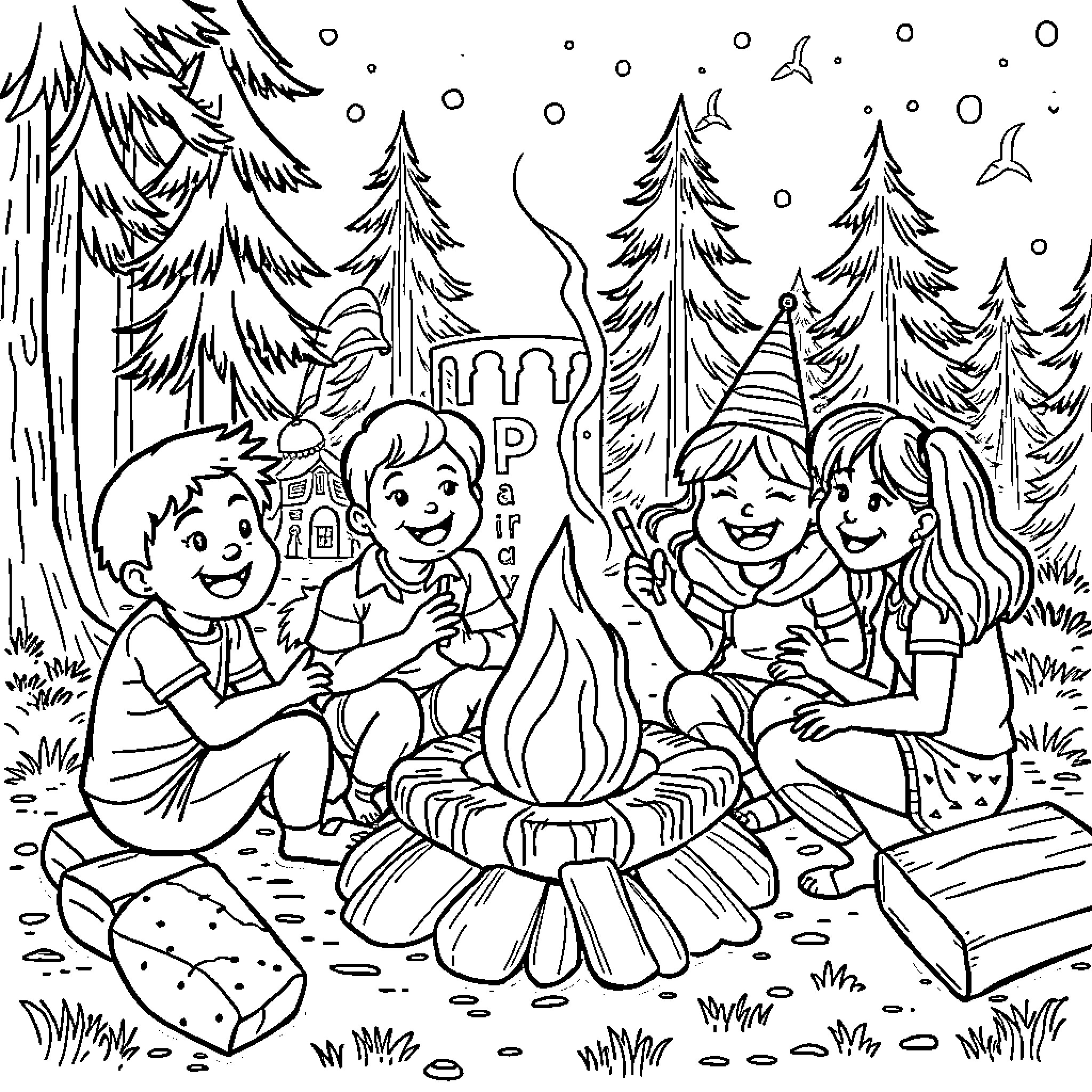 Camping friends enjoying a cozy fire in the forest Coloring Page (free black-and-white line drawing printable PDF for all, from beginners to advanced learners, including children, teens, adults, and seniors)