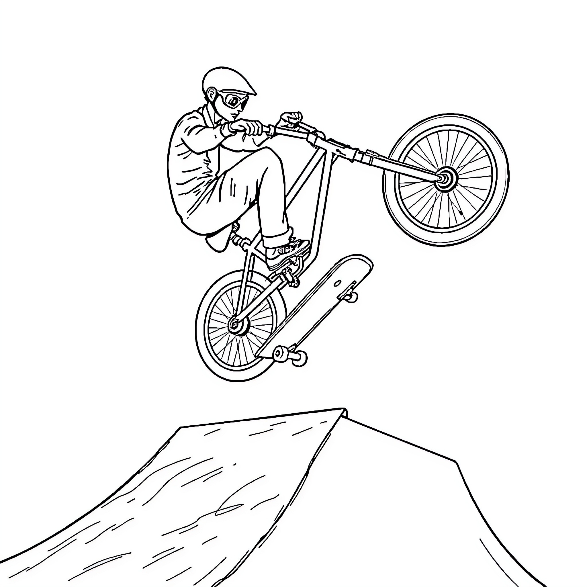 BMX rider performing stunt on dirt ramp Coloring Page (free black-and-white line drawing printable PDF for all, from beginners to advanced learners, including children, teens, adults, and seniors)