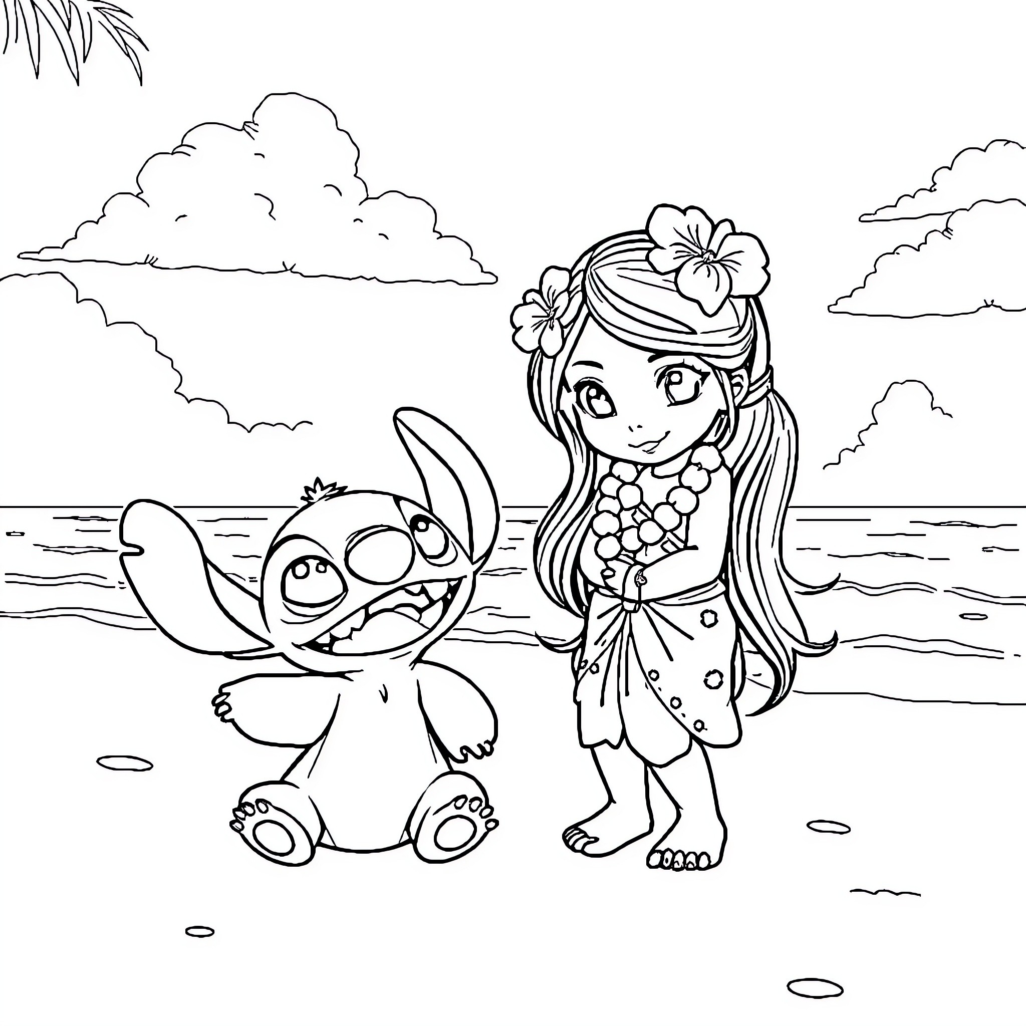 Lilo and her friend playing on the beach Coloring Page (free black-and-white line drawing printable PDF for all, from beginners to advanced learners, including children, teens, adults, and seniors)
