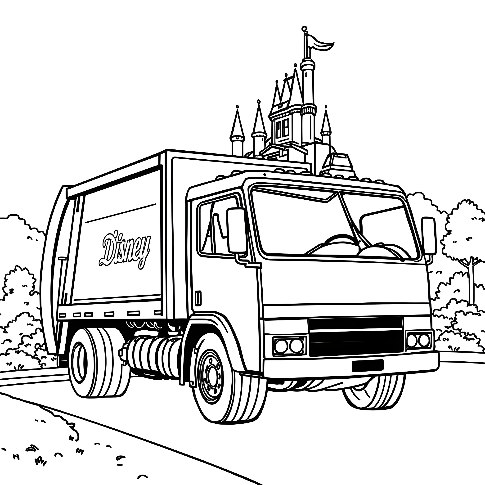 Trash Truck Transporting Disney Castle Coloring Page (free black-and-white line drawing printable PDF for all, from beginners to advanced learners, including children, teens, adults, and seniors)