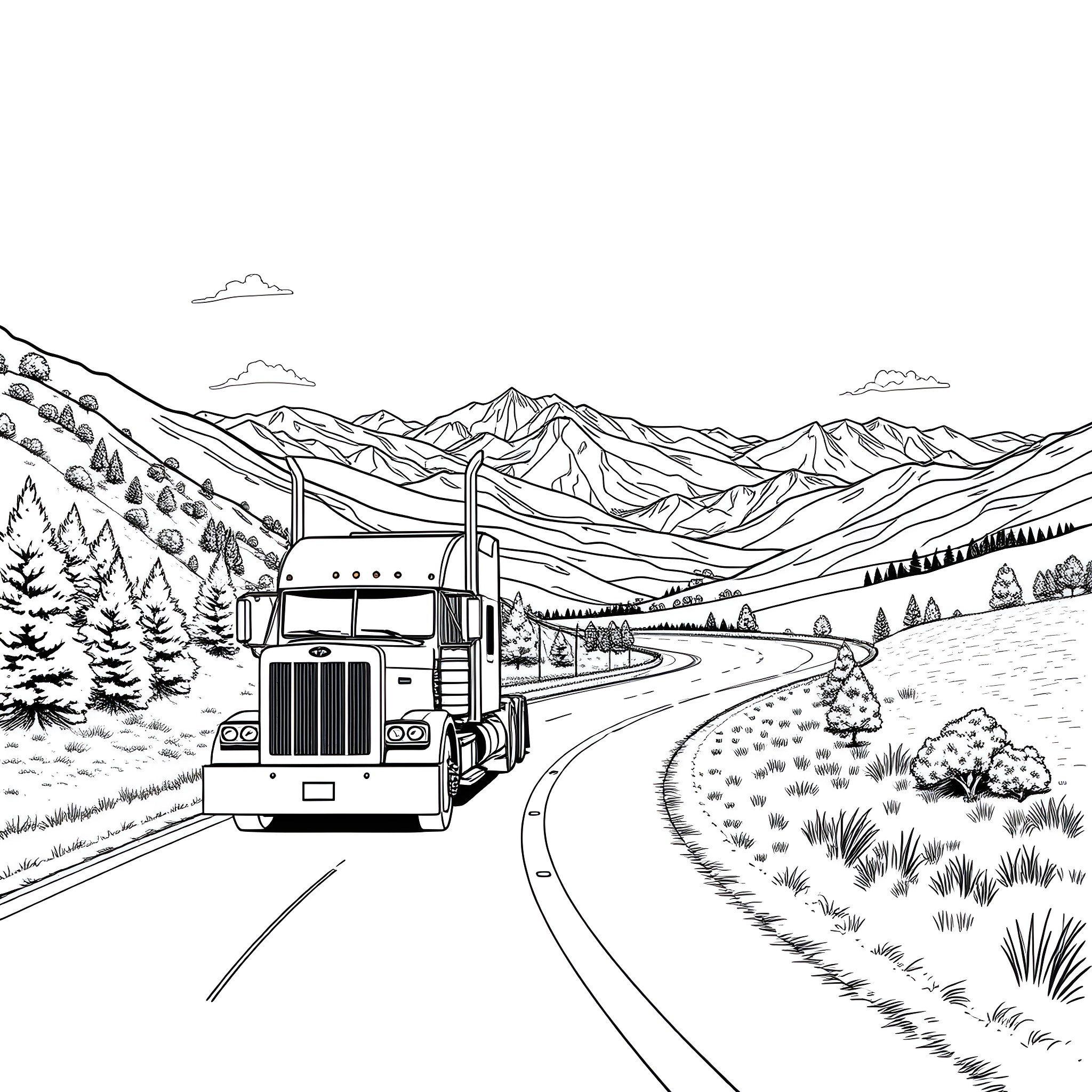 Semi Truck Navigating Scenic Mountain Landscape Coloring Page (free black-and-white line drawing printable PDF for all, from beginners to advanced learners, including children, teens, adults, and seniors)