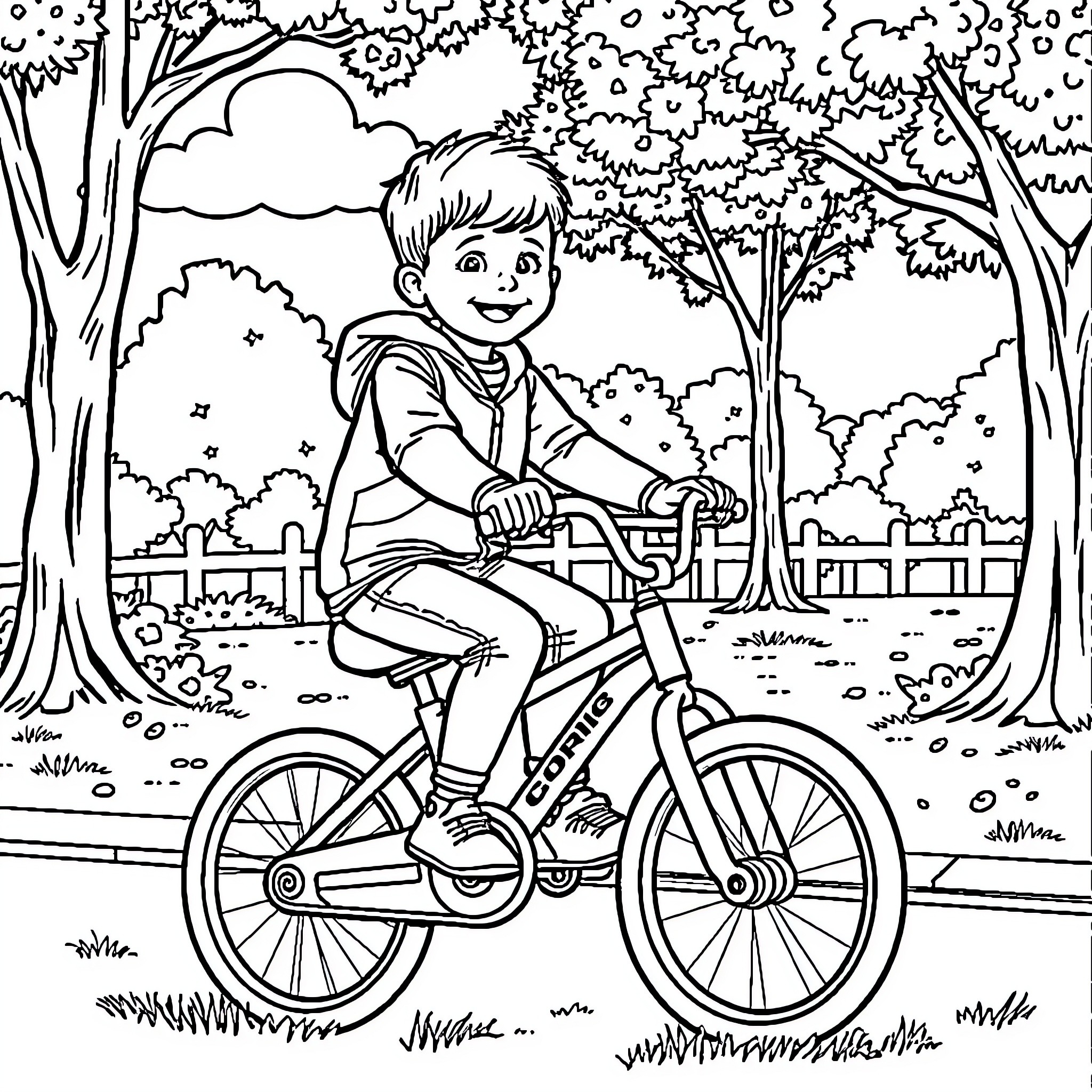 Bicycle ride through the park Coloring Page (free black-and-white line drawing printable PDF for all, from beginners to advanced learners, including children, teens, adults, and seniors)