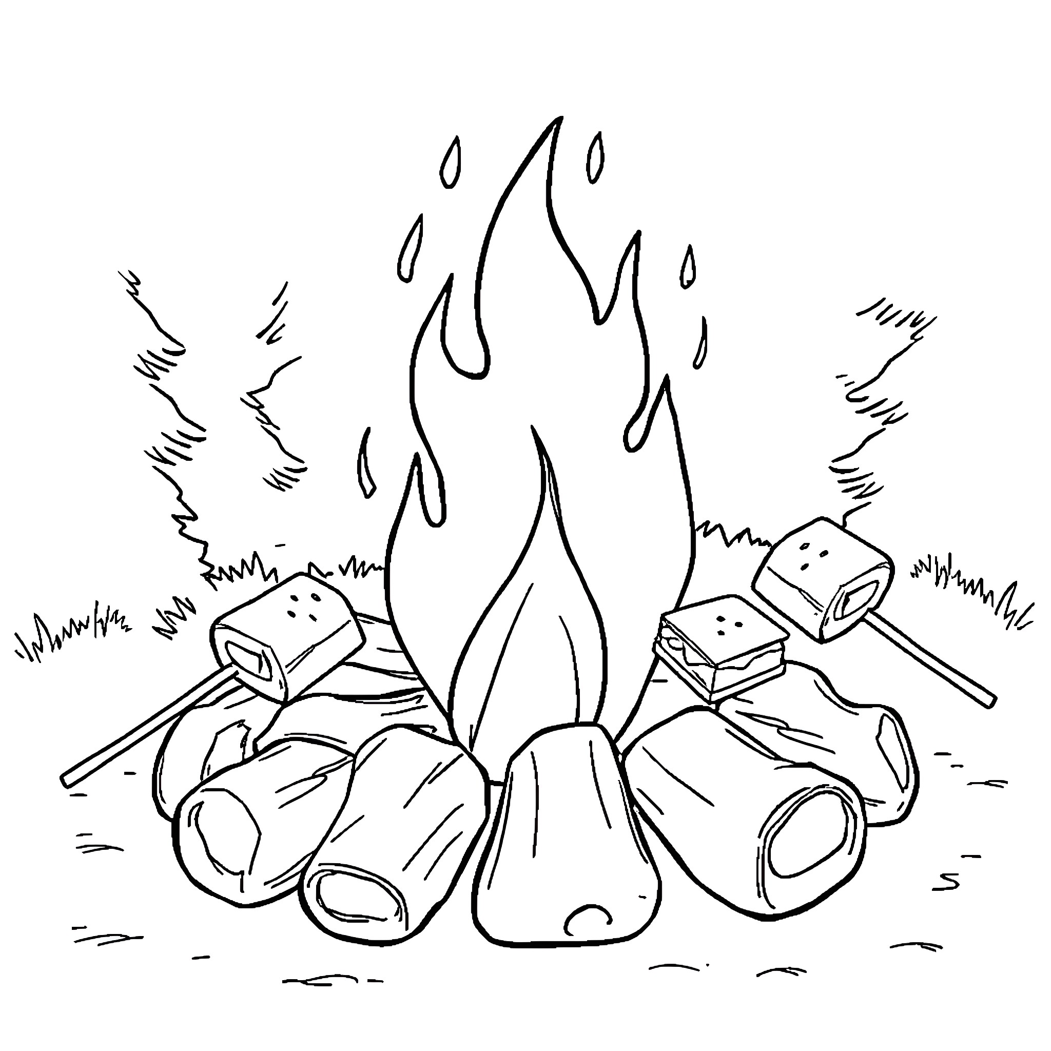Campfire with toasted marshmallows and glowing flames Coloring Page (free black-and-white line drawing printable PDF for all, from beginners to advanced learners, including children, teens, adults, and seniors)
