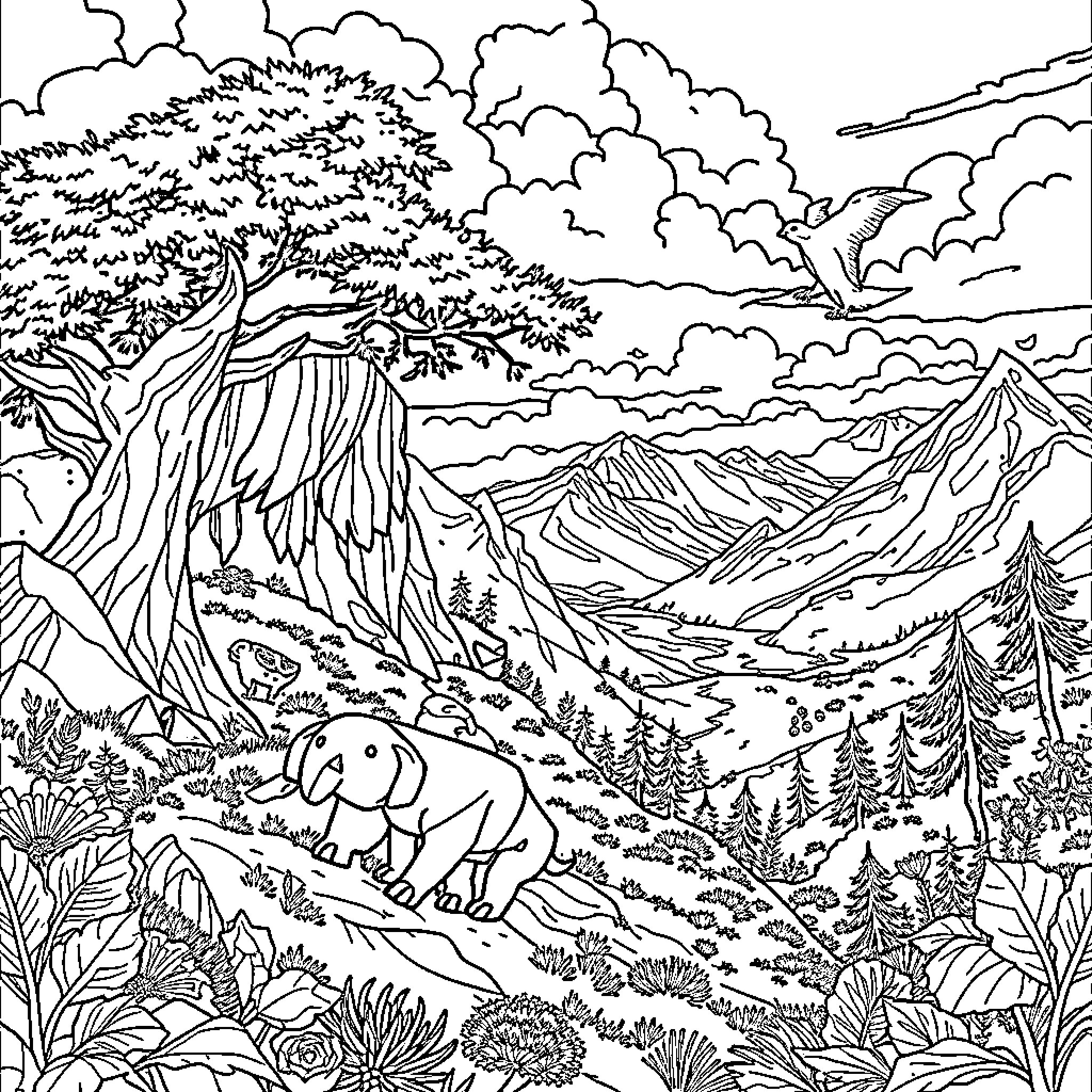 Huntrix's Journey through the Vibrant Wilderness Coloring Page (free black-and-white line drawing printable PDF for all, from beginners to advanced learners, including children, teens, adults, and seniors)