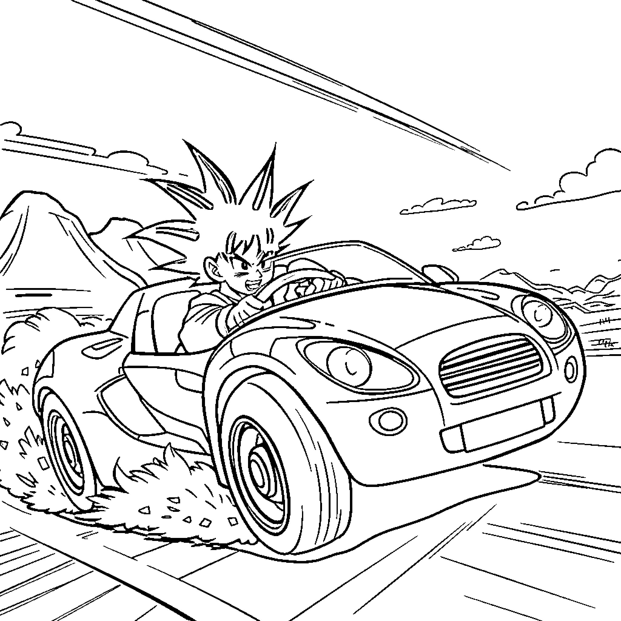 Son Goku driving a high-speed sports car through the mountains Coloring Page (free black-and-white line drawing printable PDF for all, from beginners to advanced learners, including children, teens, adults, and seniors)