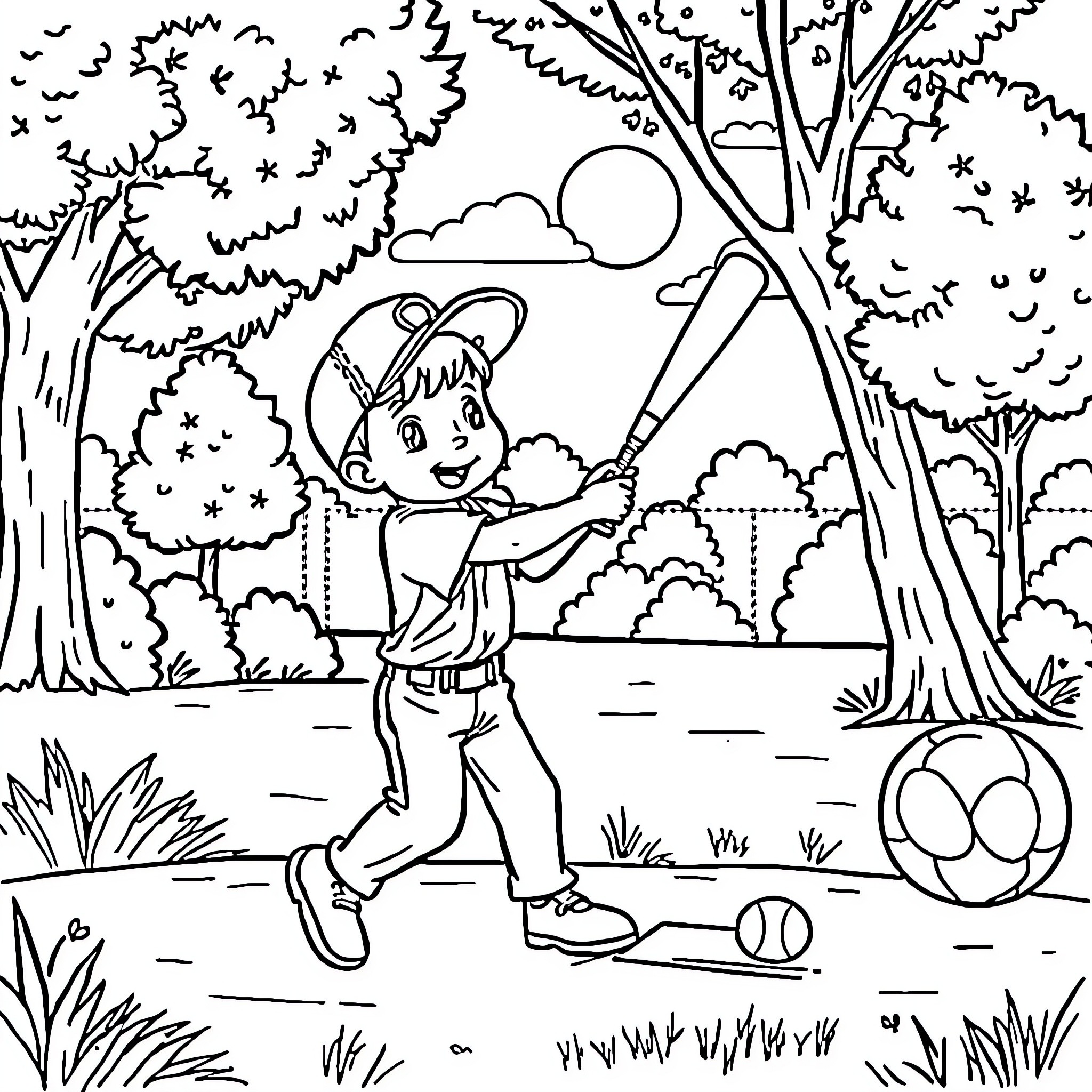 Boy playing baseball in the park Coloring Page (free black-and-white line drawing printable PDF for all, from beginners to advanced learners, including children, teens, adults, and seniors)