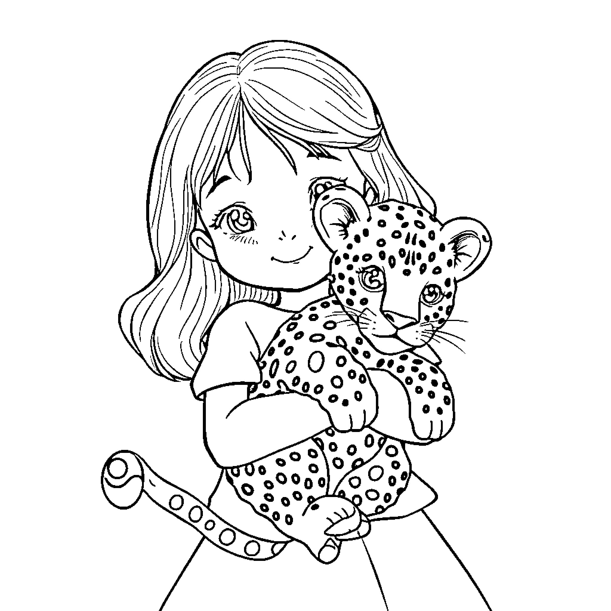 Leopard Girl Cuddling Stuffed Animal Toy Coloring Page (free black-and-white line drawing printable PDF for all, from beginners to advanced learners, including children, teens, adults, and seniors)