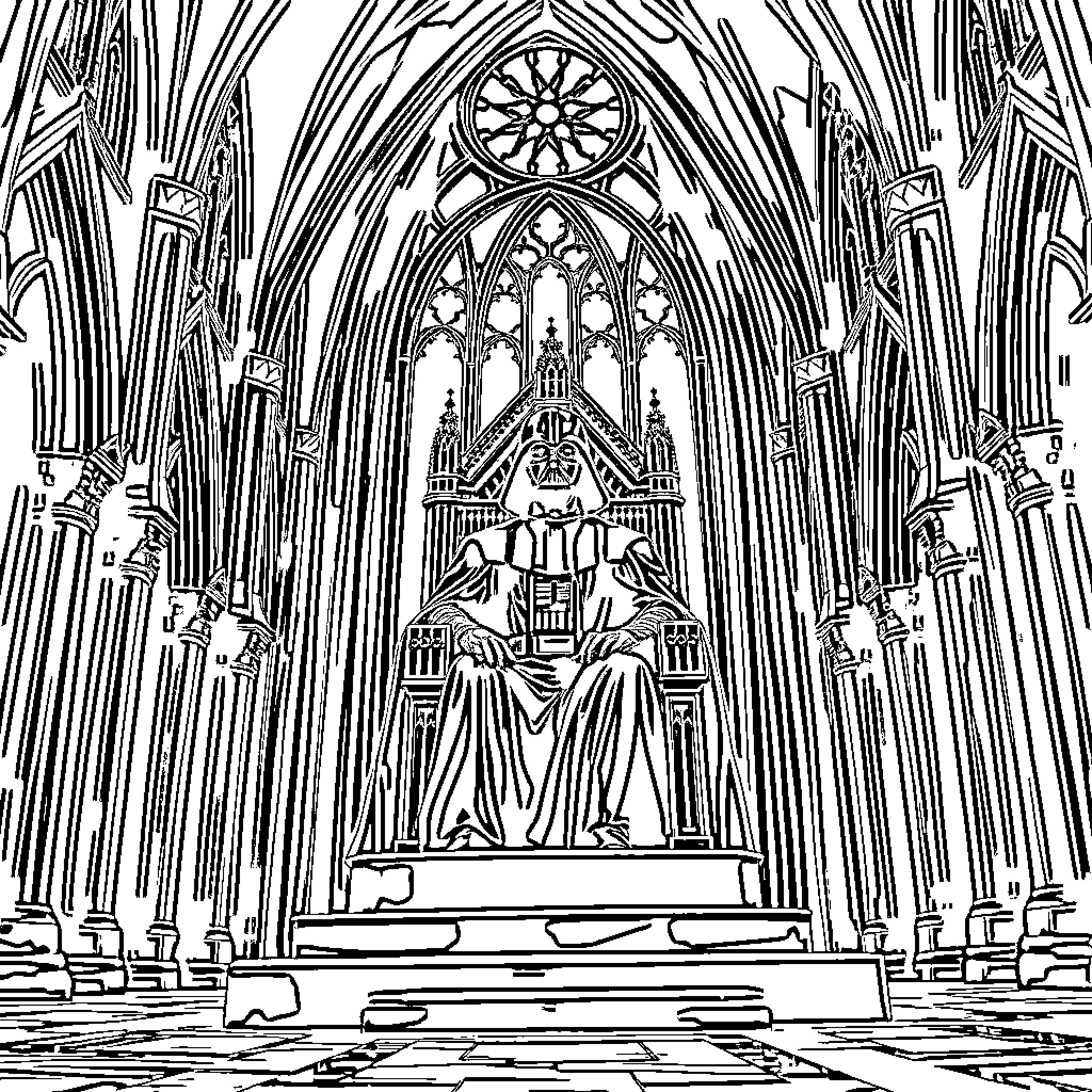 Darth Vader in a grand cathedral interior Coloring Page (free black-and-white line drawing printable PDF for all, from beginners to advanced learners, including children, teens, adults, and seniors)