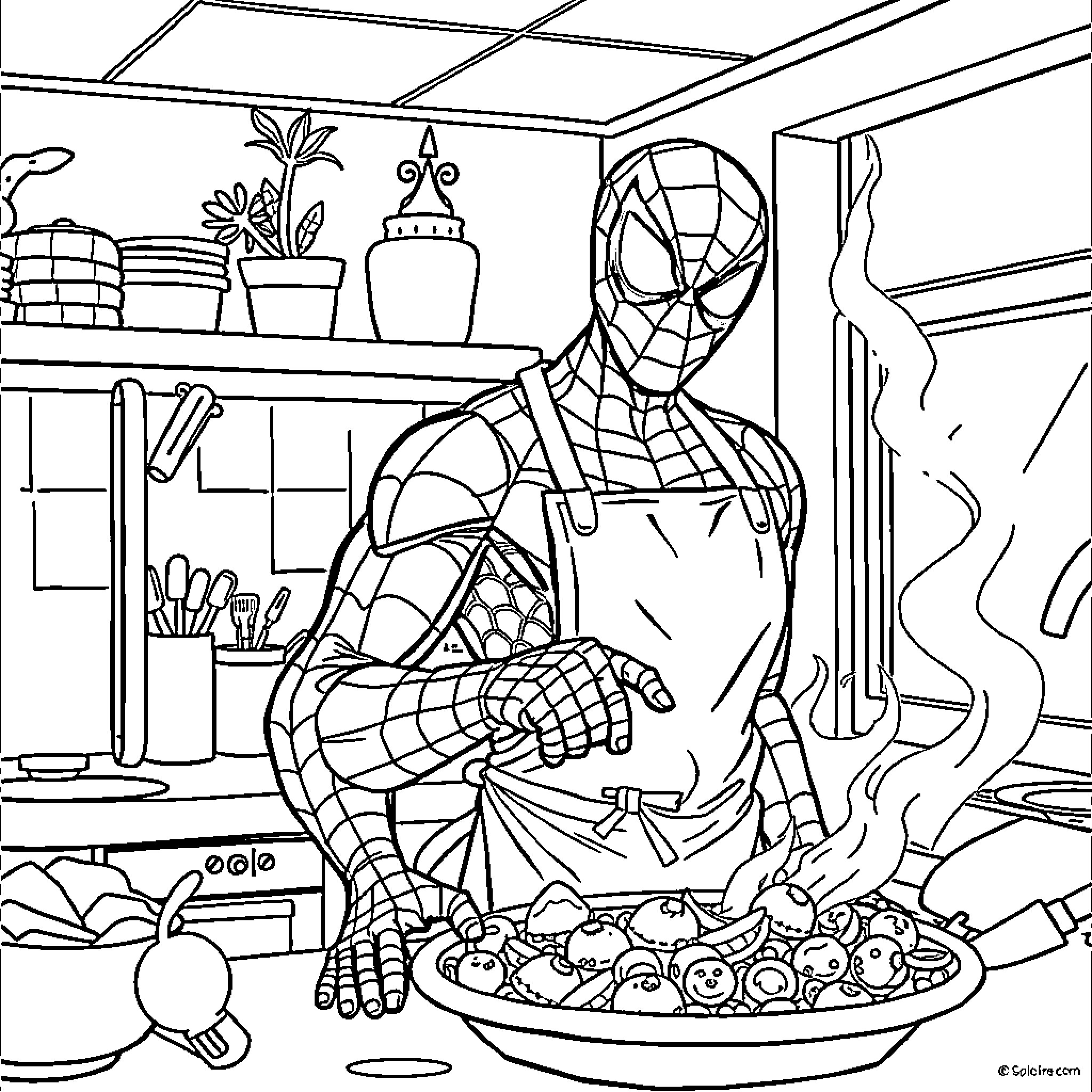 Spiderman enjoying a spidery snack in the kitchen Coloring Page (free black-and-white line drawing printable PDF for all, from beginners to advanced learners, including children, teens, adults, and seniors)