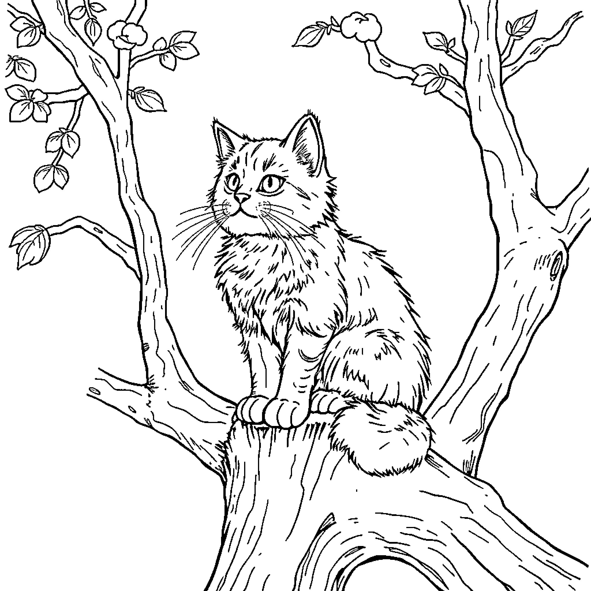 Cat relaxing on a tree branch Coloring Page (free black-and-white line drawing printable PDF for all, from beginners to advanced learners, including children, teens, adults, and seniors)